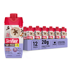SlimFast vista frontal de botella Caramel Macchiato, práctico y sabroso