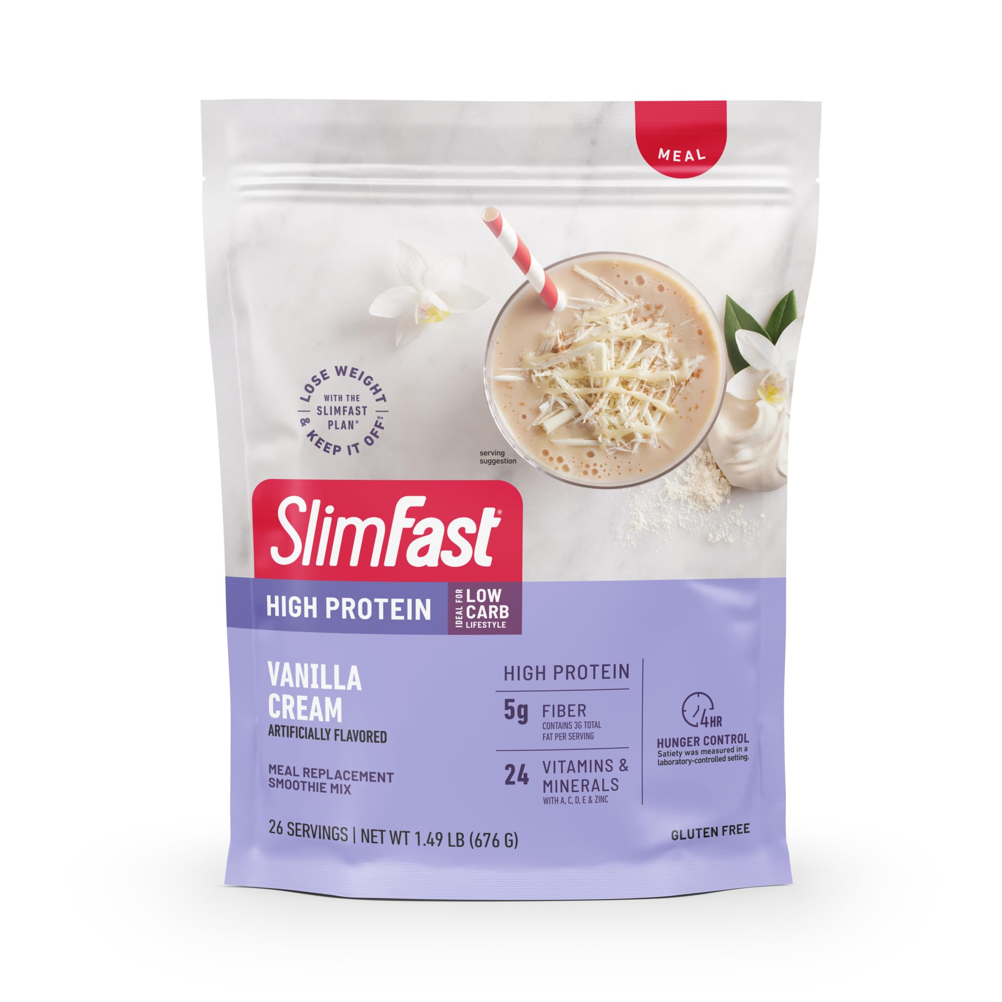 SlimFast envase frontal vainilla cream mostrando raciones y marca para identificación rápida
