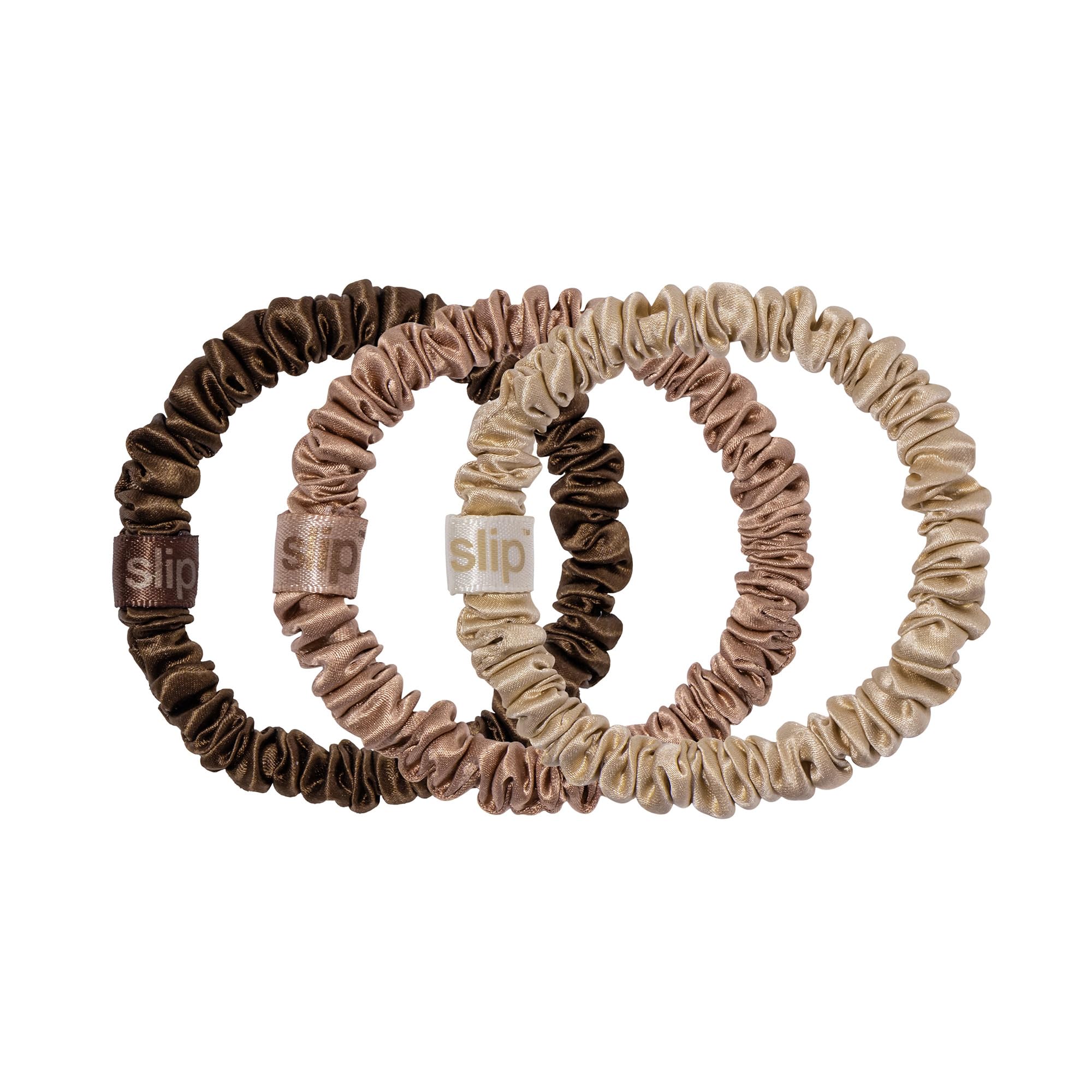 SLIP scrunchie frontal del paquete mostrando tonos y brillo beneficios estéticos
