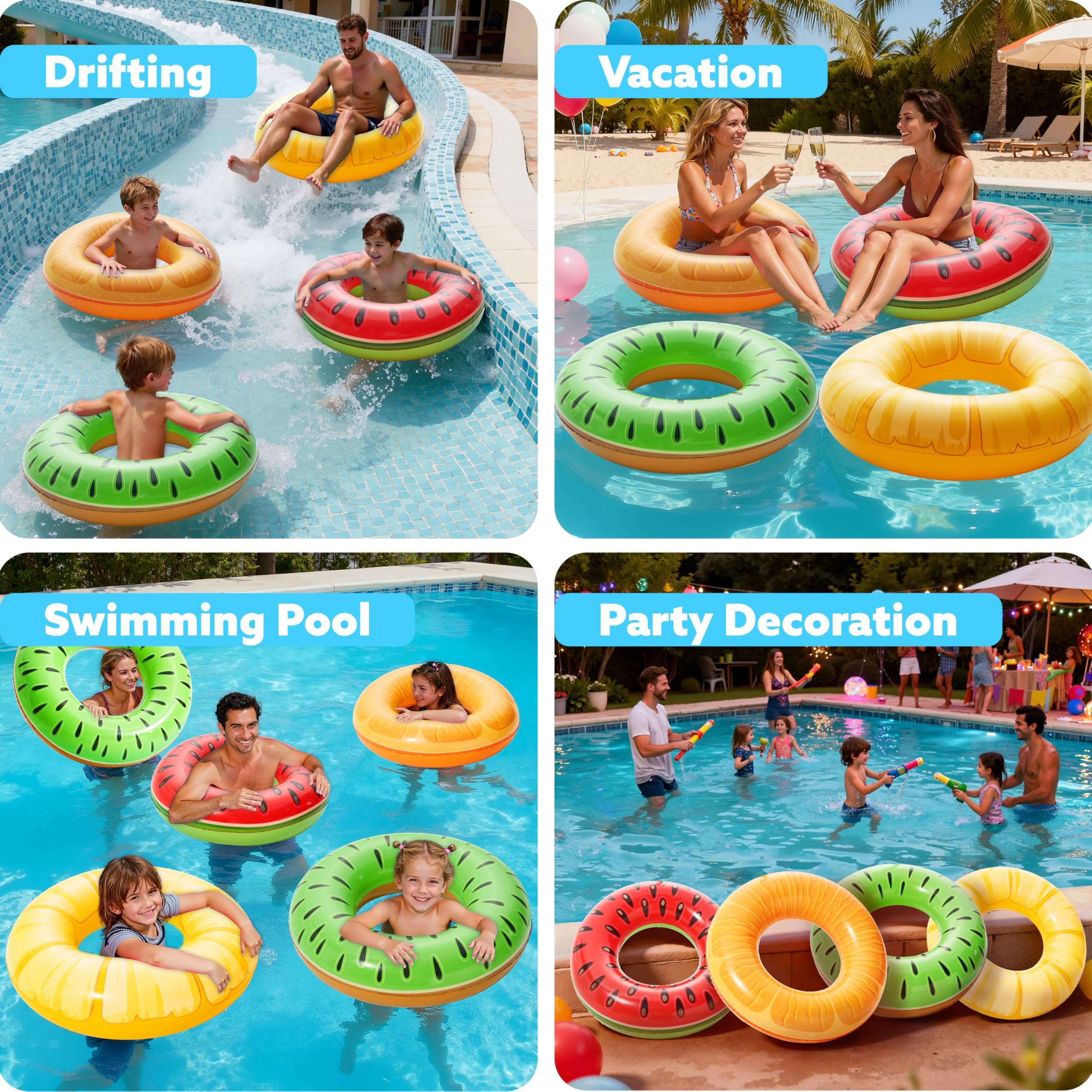 Sloosh cuatro flotadores en piscina durante fiesta, ambiente festivo