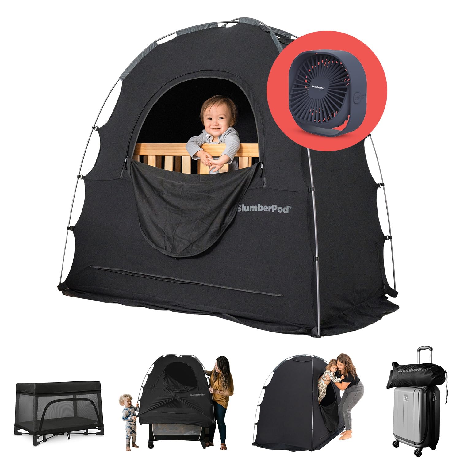 SlumberPod vista frontal mostrando la tienda que oscurece y aporta privacidad