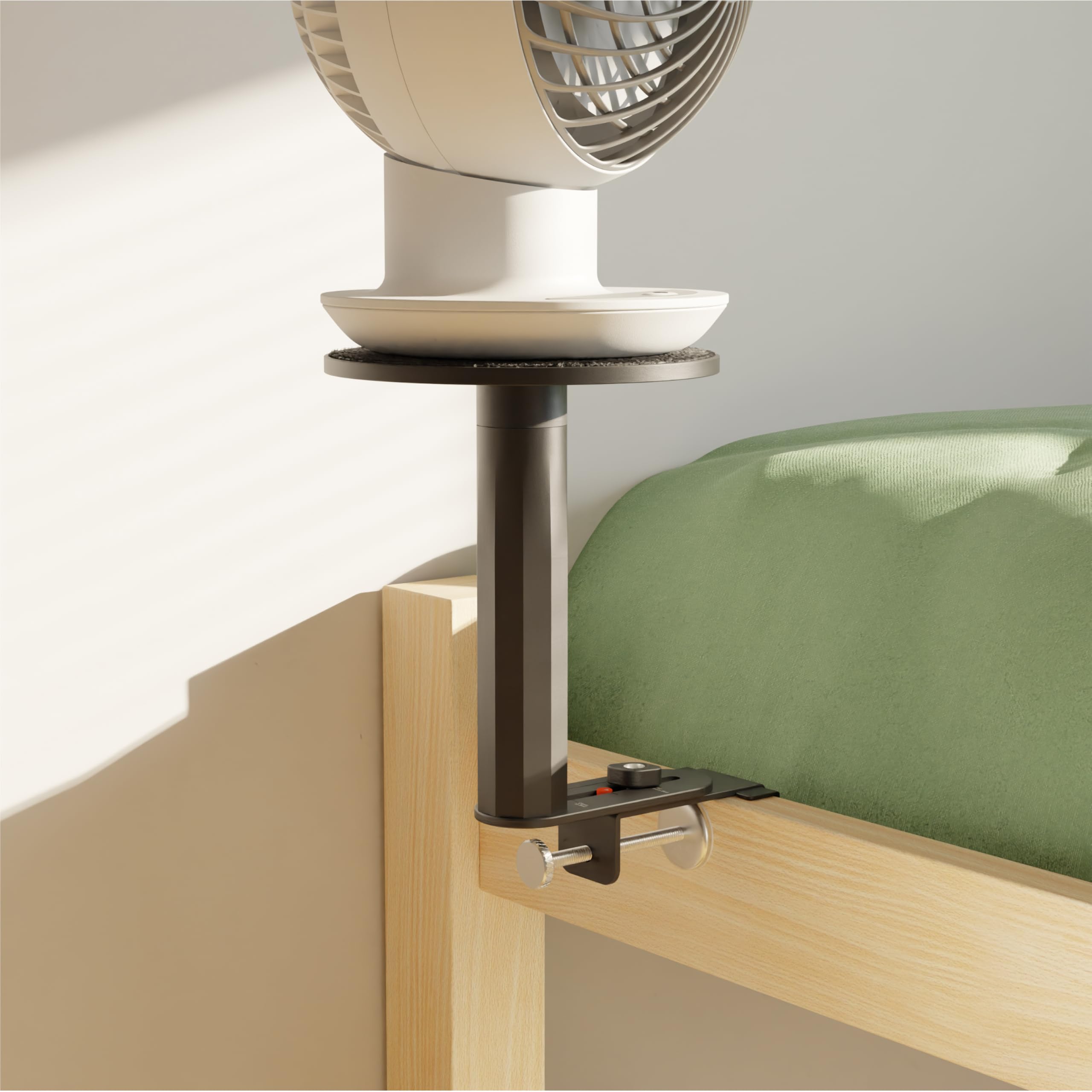 Smallish FanShelfie front view showing sleek black holder and space-saving benefit