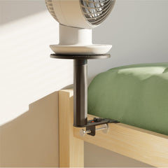 Smallish FanShelfie front view showing sleek black holder and space-saving benefit