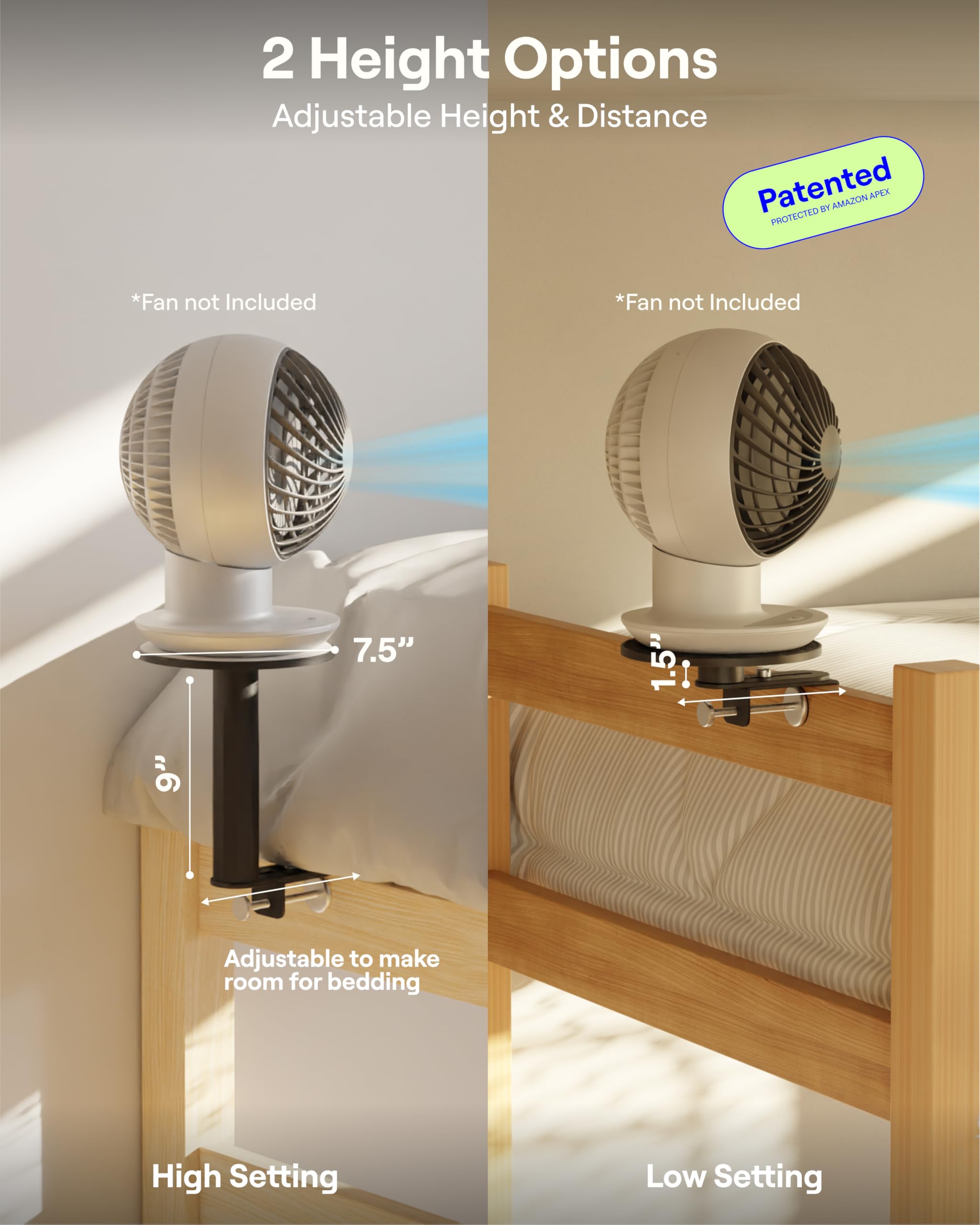 Smallish FanShelfie mounted on lofted bed showing directed airflow and saved desk space