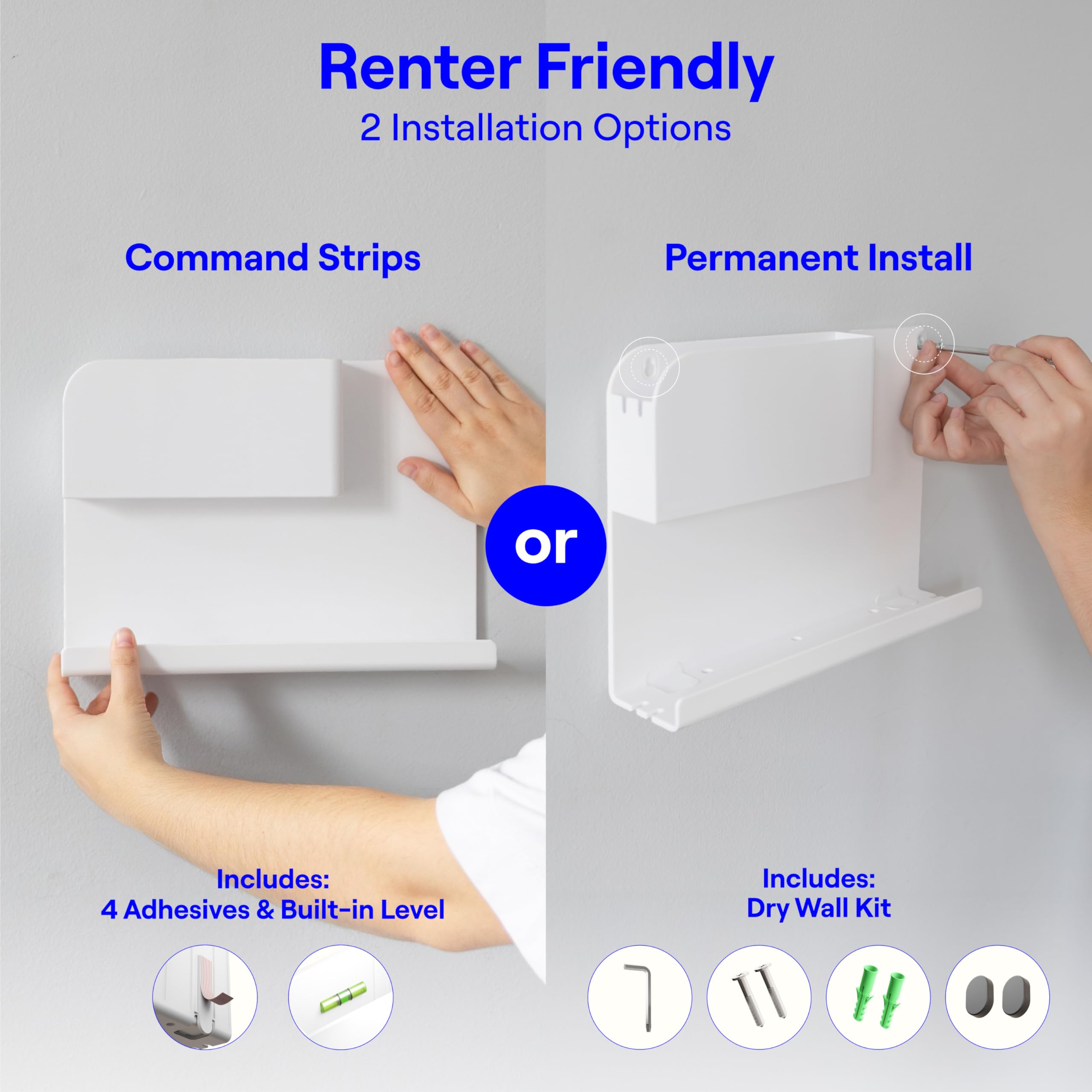 Smallish estante instalado en dormitorio con móvil y lámpara para organización