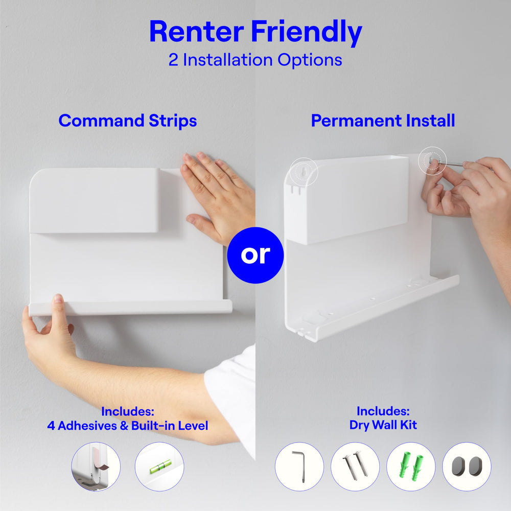 Smallish estante instalado en dormitorio con móvil y lámpara para organización