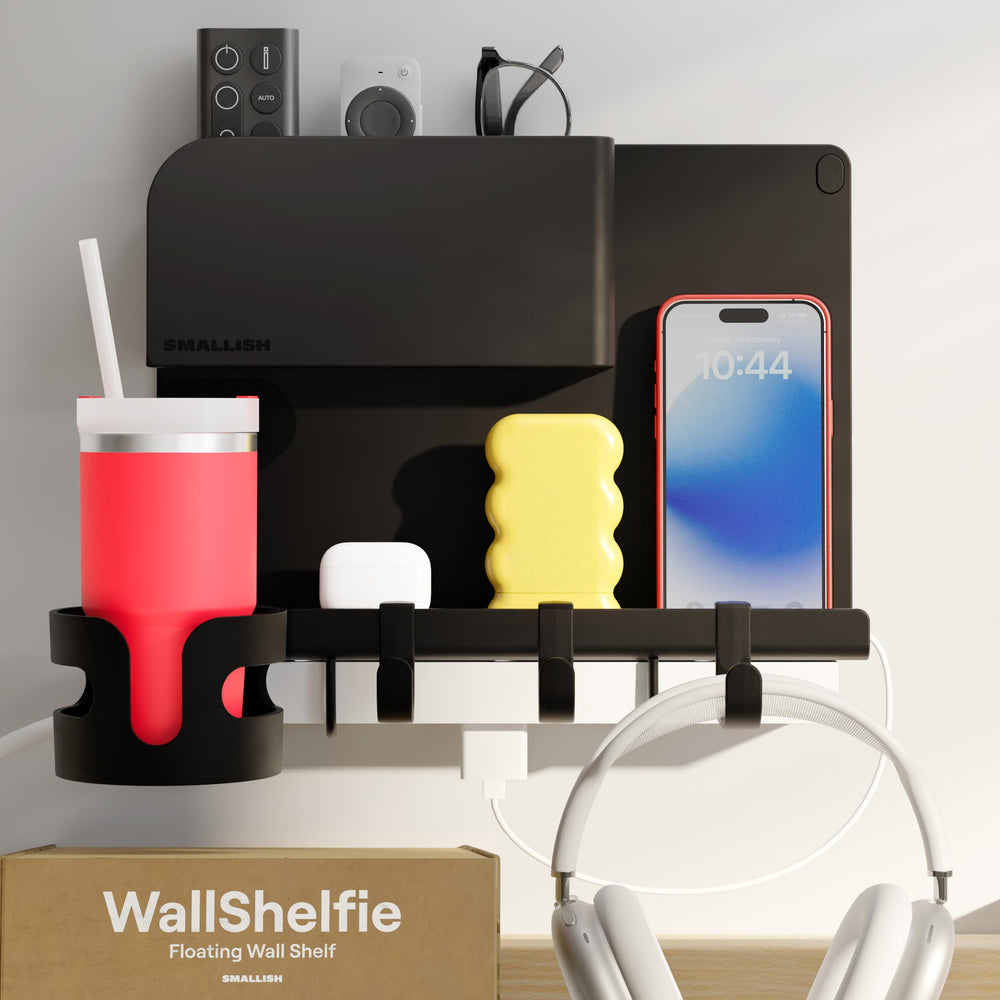 Smallish WallShelfie front view showing sleek black shelf and neat storage benefit