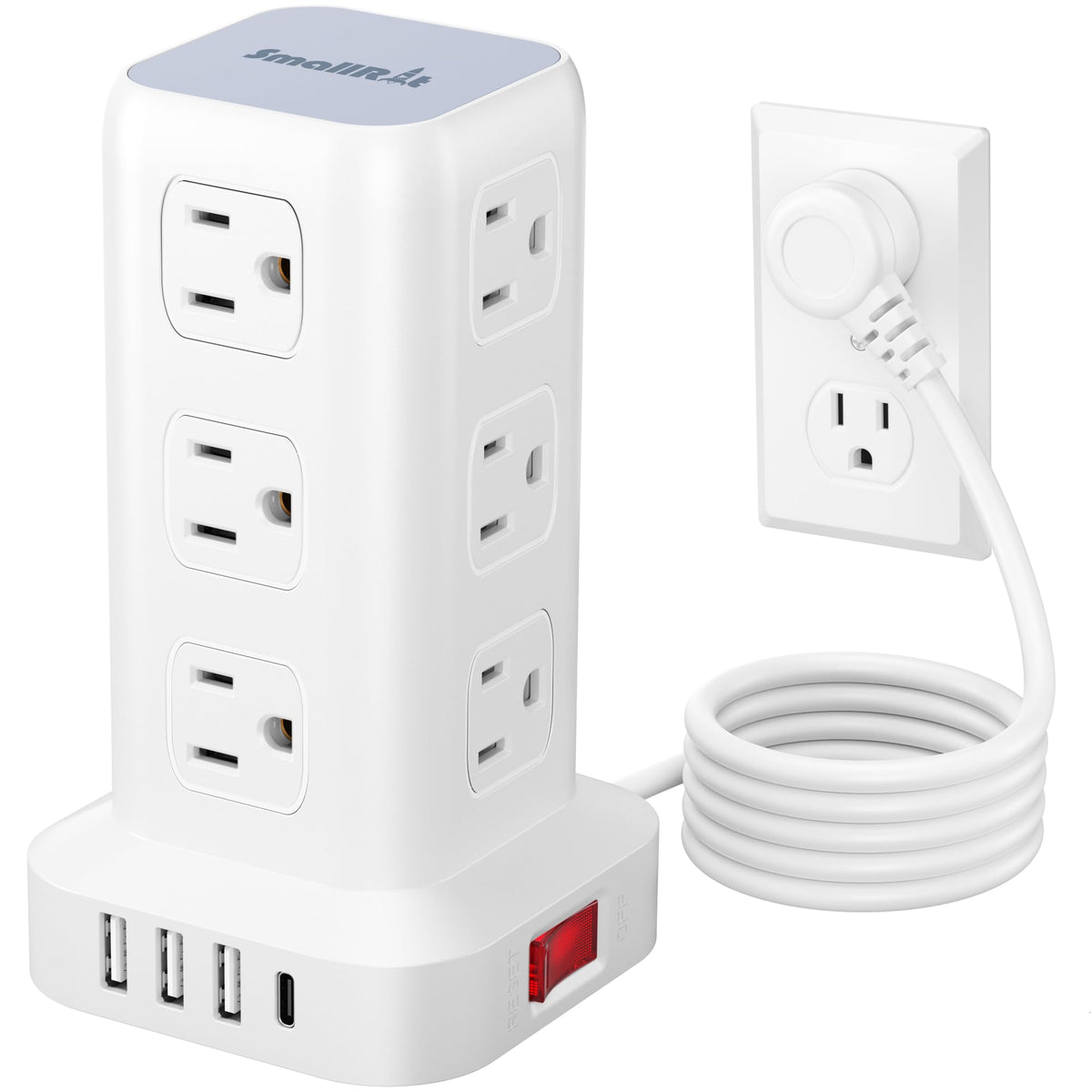 SMALLRT frente torre con 12 enchufes y 4 USB para carga ordenada