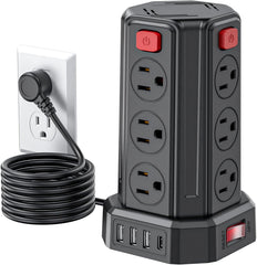 SMALLRT torre frontal mostrando 12 tomas y 4 puertos USB para organización