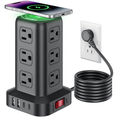 SMALLRT torre frontal mostrando 12 enchufes y 4 puertos USB para organización eficiente