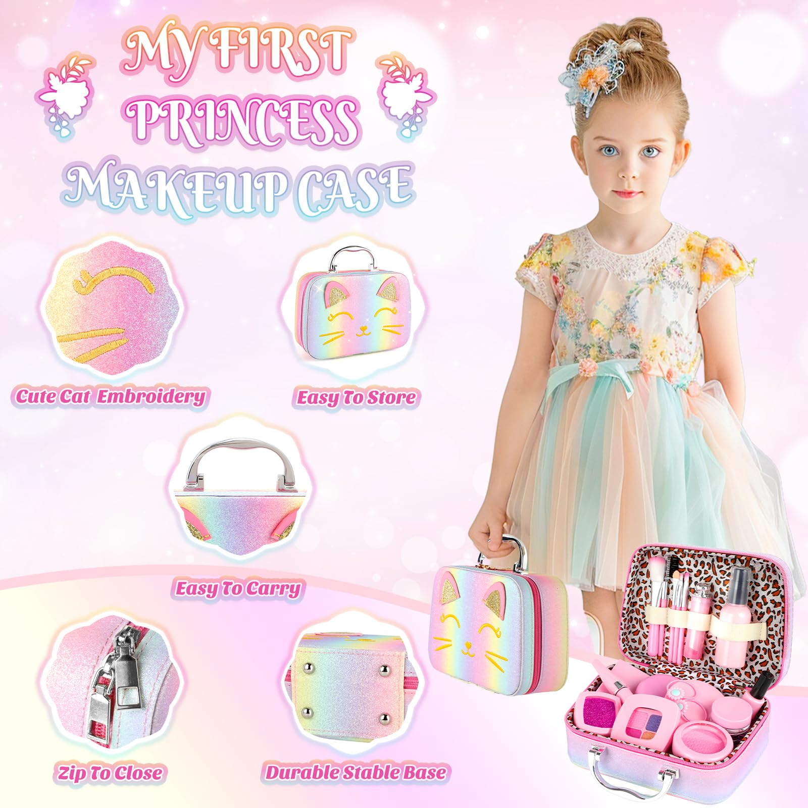 Smallzi niña usando set de maquillaje para juego imaginativo seguro