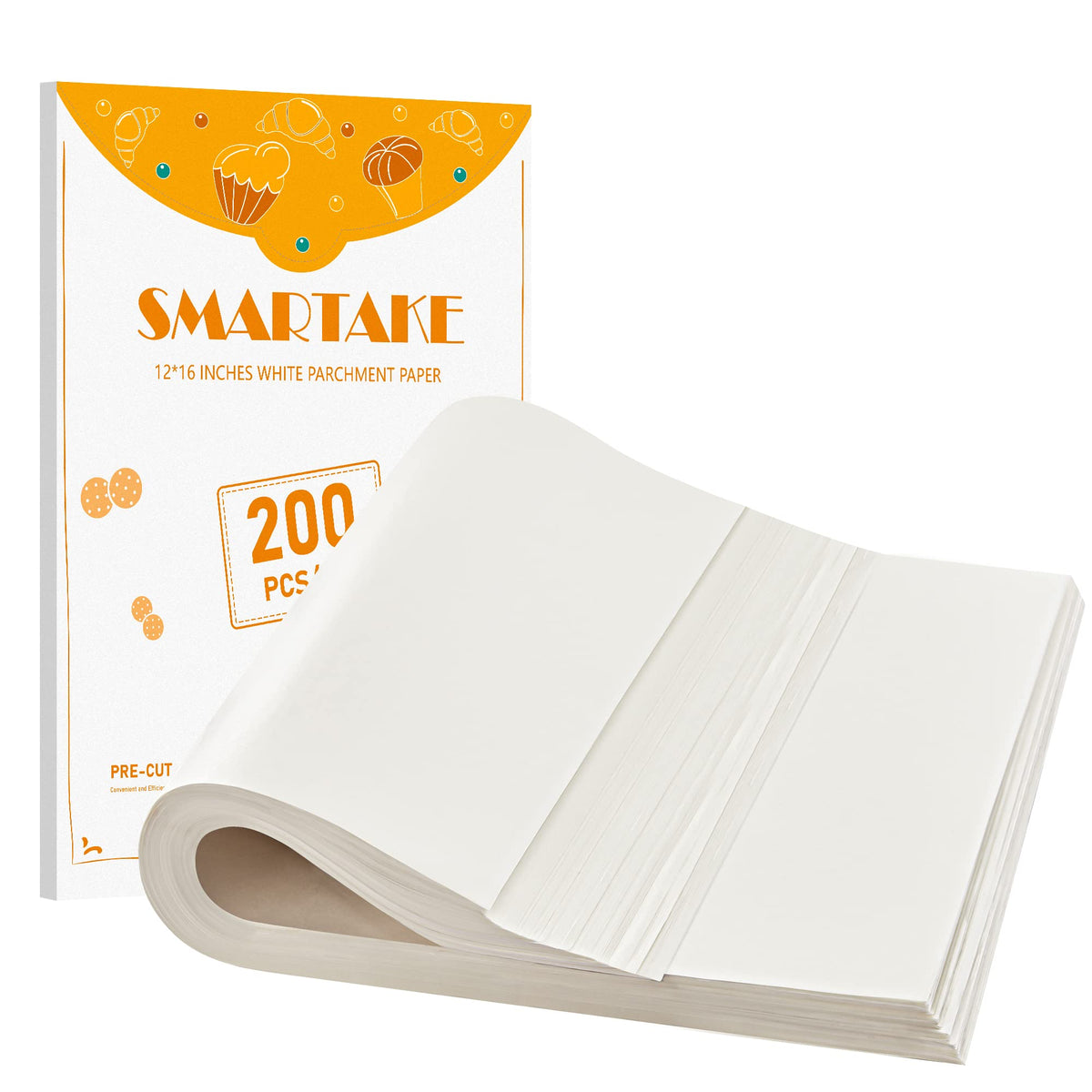 SMARTAKE vista frontal del paquete mostrando 200 hojas, ahorro de tiempo