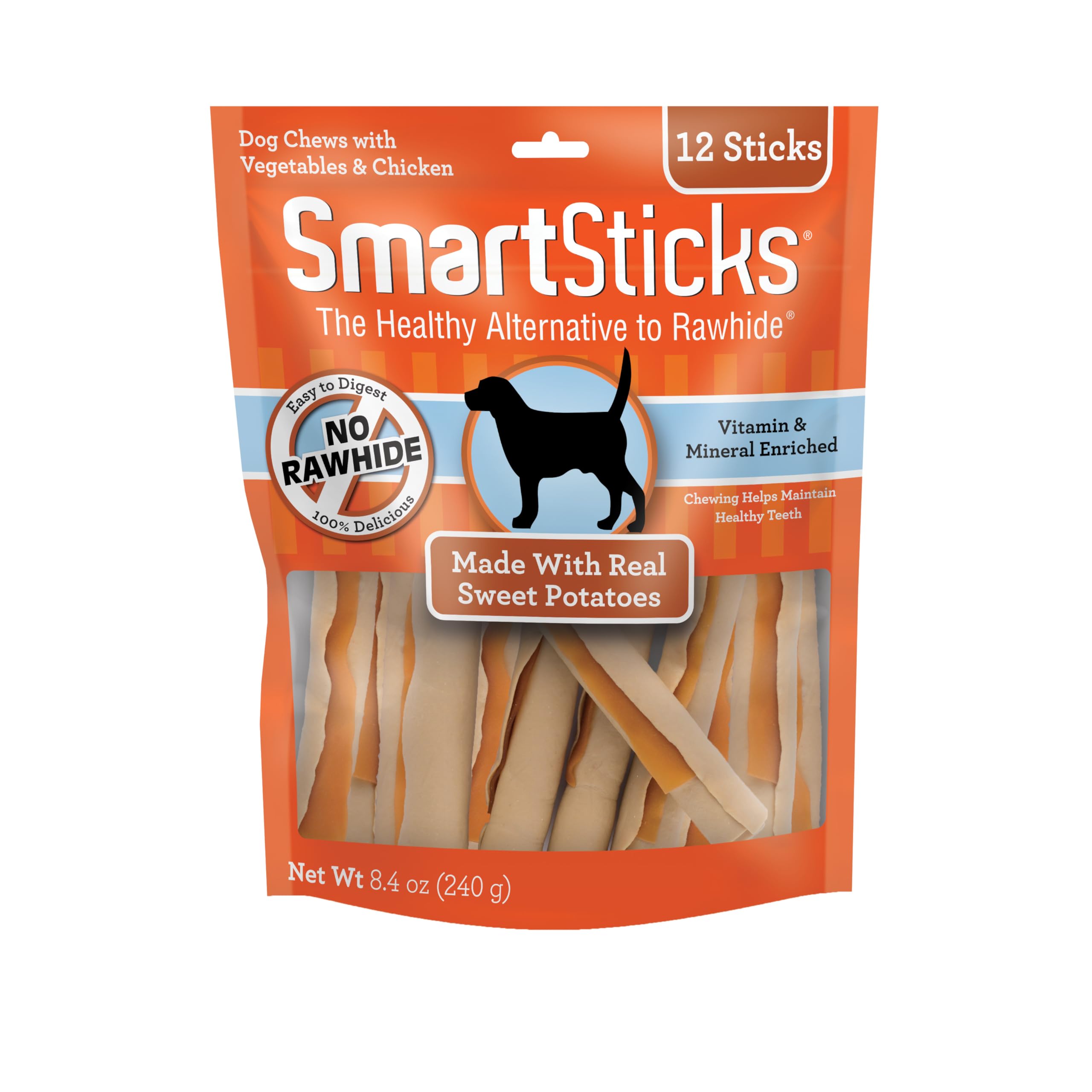 SmartBones paquete frontal mostrando 12 SmartSticks como snack sin rawhide y fácil digestión