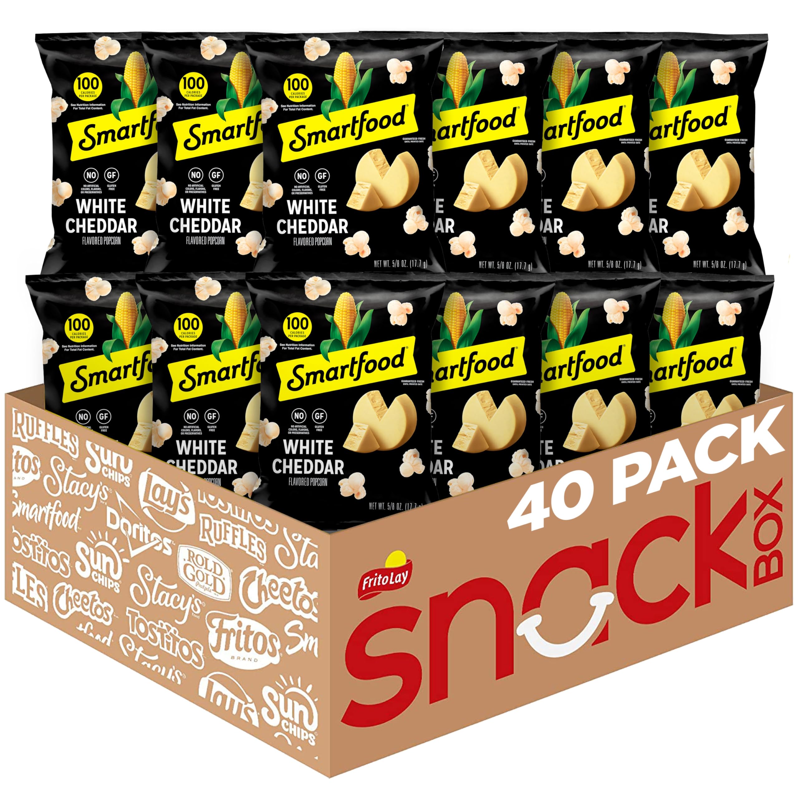 Smartfood front packaging showing 40-count bulk box and branding benefits