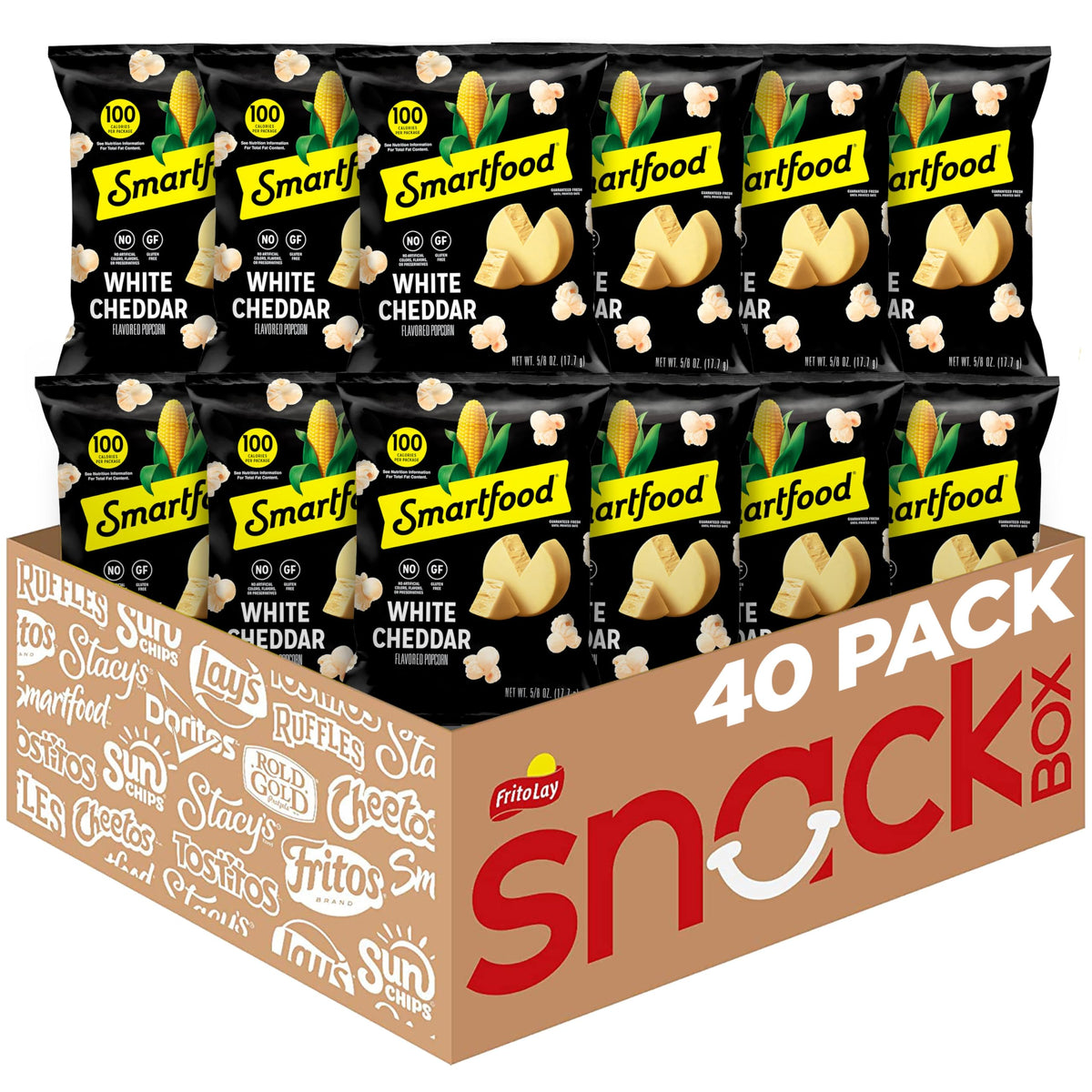 Smartfood front packaging showing 40-count bulk box and branding benefits
