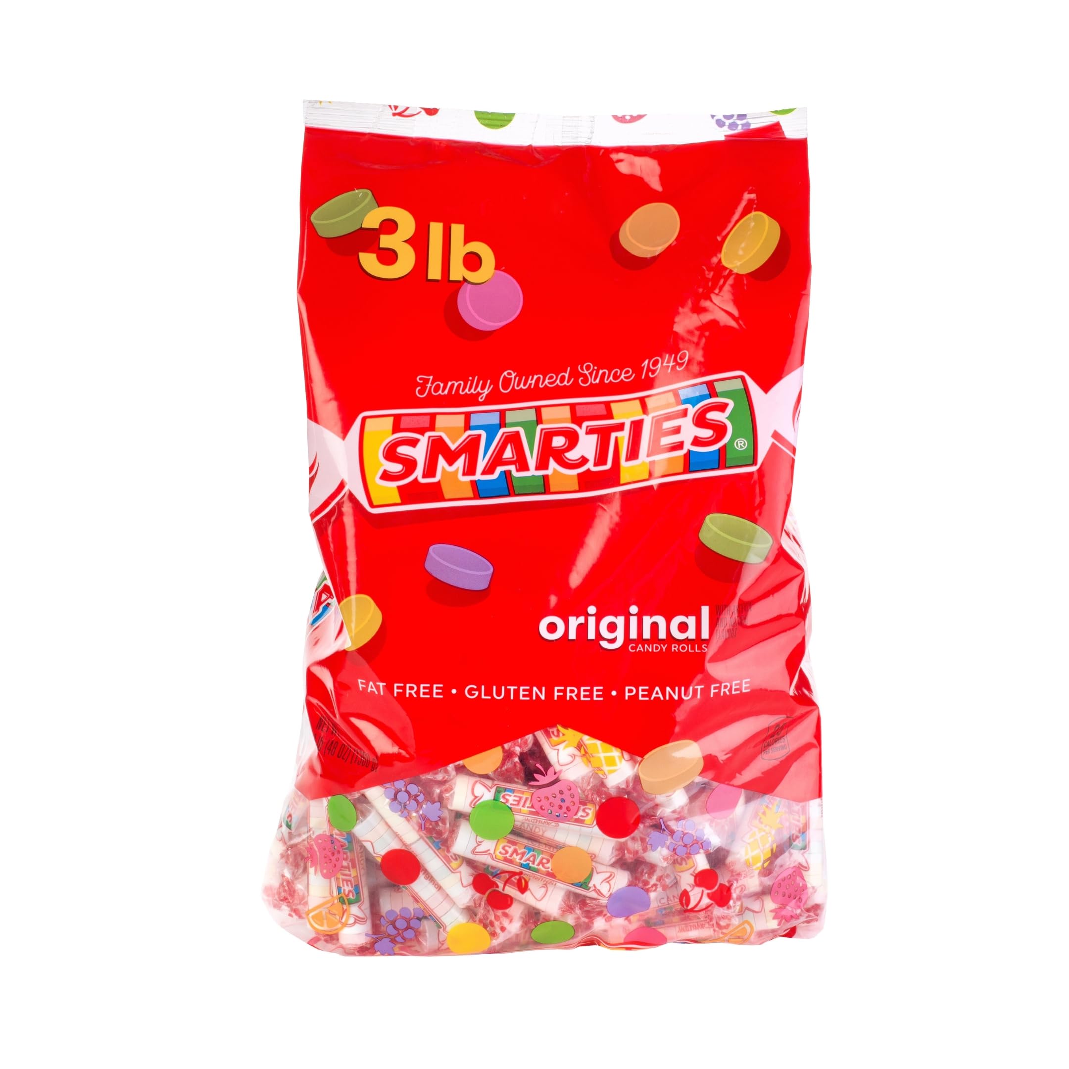 Smarties bolsa 3 lb frontal mostrando cantidad y colores, Smarties para fiestas