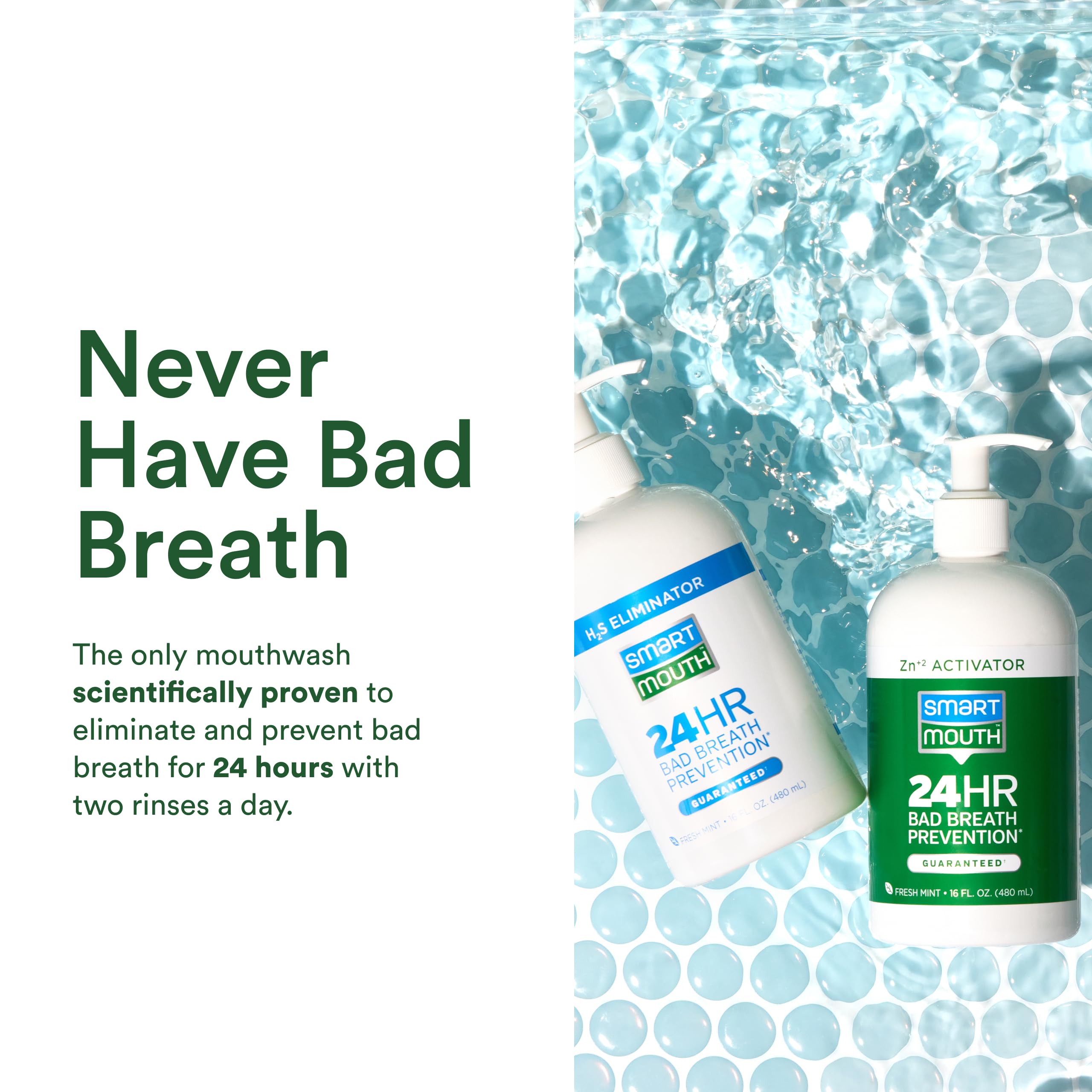 SmartMouth comparación de tamaño en manos para ver la capacidad de 16 fl oz por botella