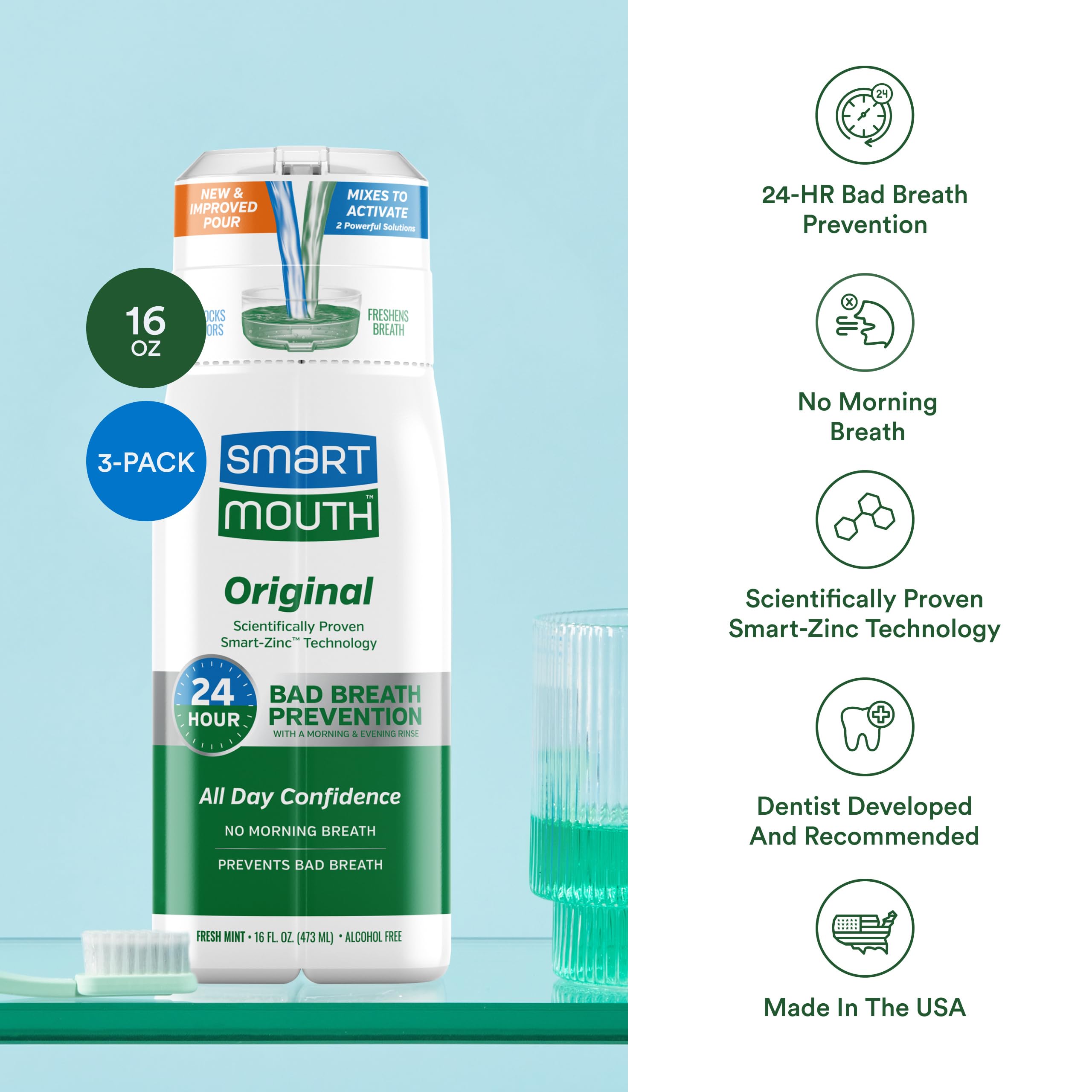 SmartMouth persona enjuagándose para sensación inmediata de frescura