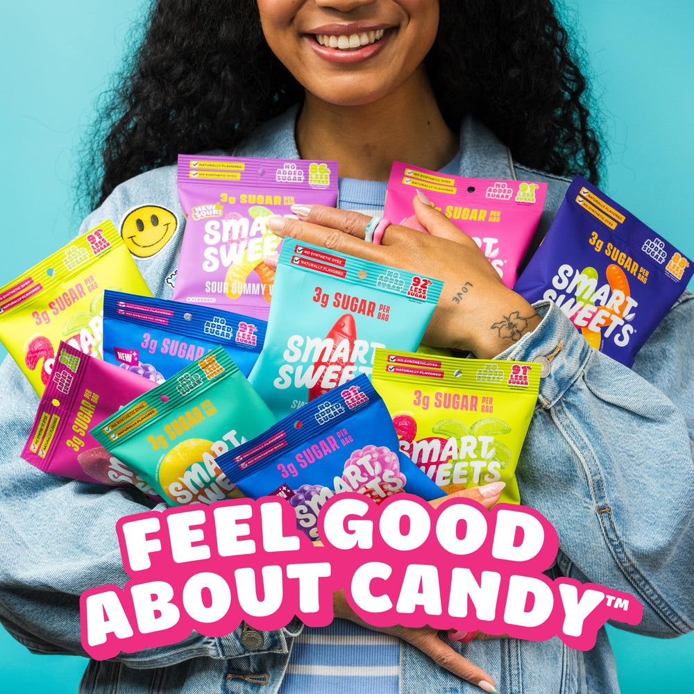 SmartSweets bolsa junto a regla para comparar tamaño y porción de 50 g