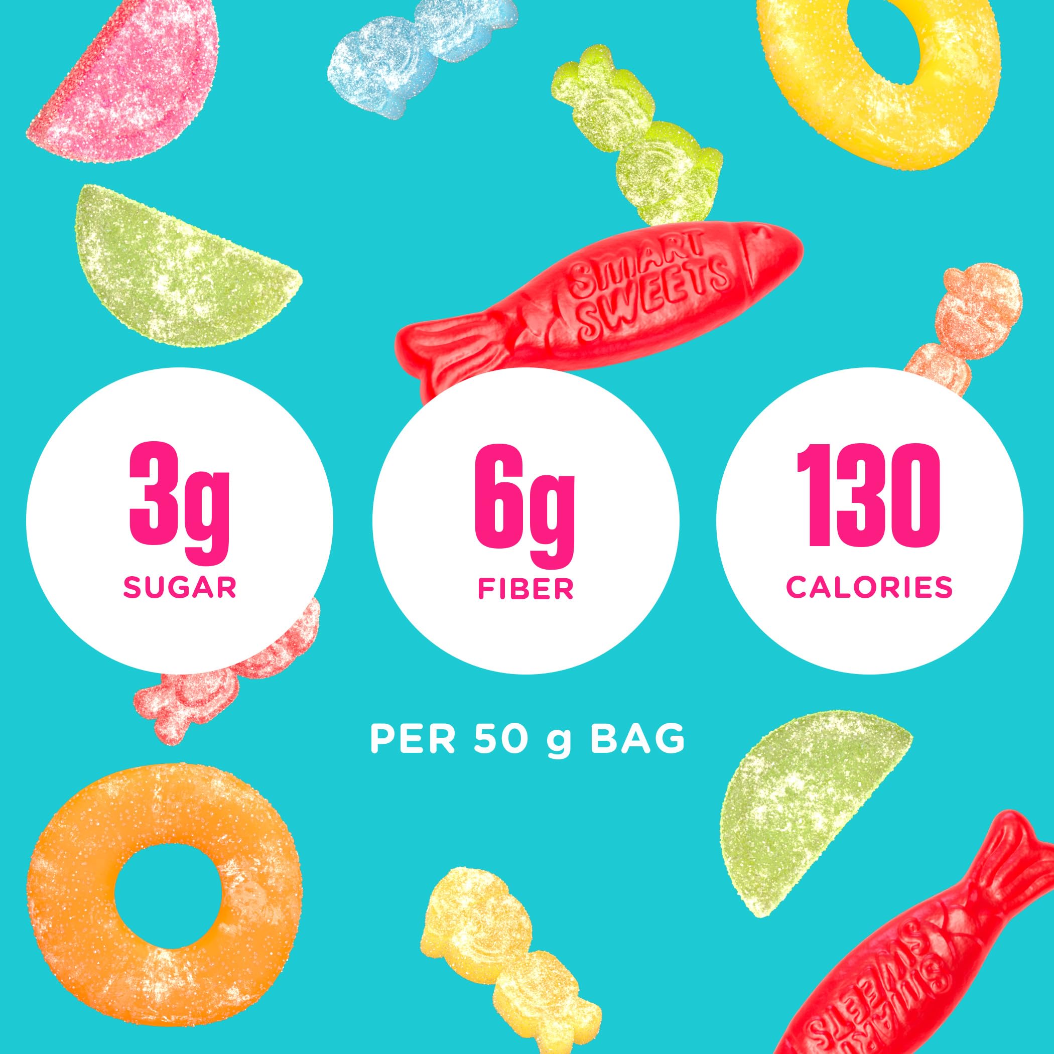 SmartSweets primer plano textura gomosa que muestra suavidad y atractivo frutal