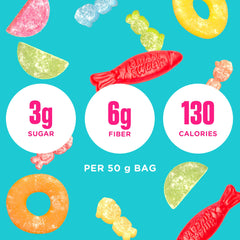 SmartSweets primer plano textura gomosa que muestra suavidad y atractivo frutal