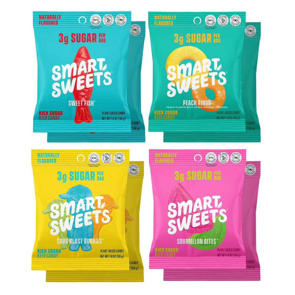 SmartSweets pack frontal mostrando las ocho bolsas y colores llamativos, fácil de compartir