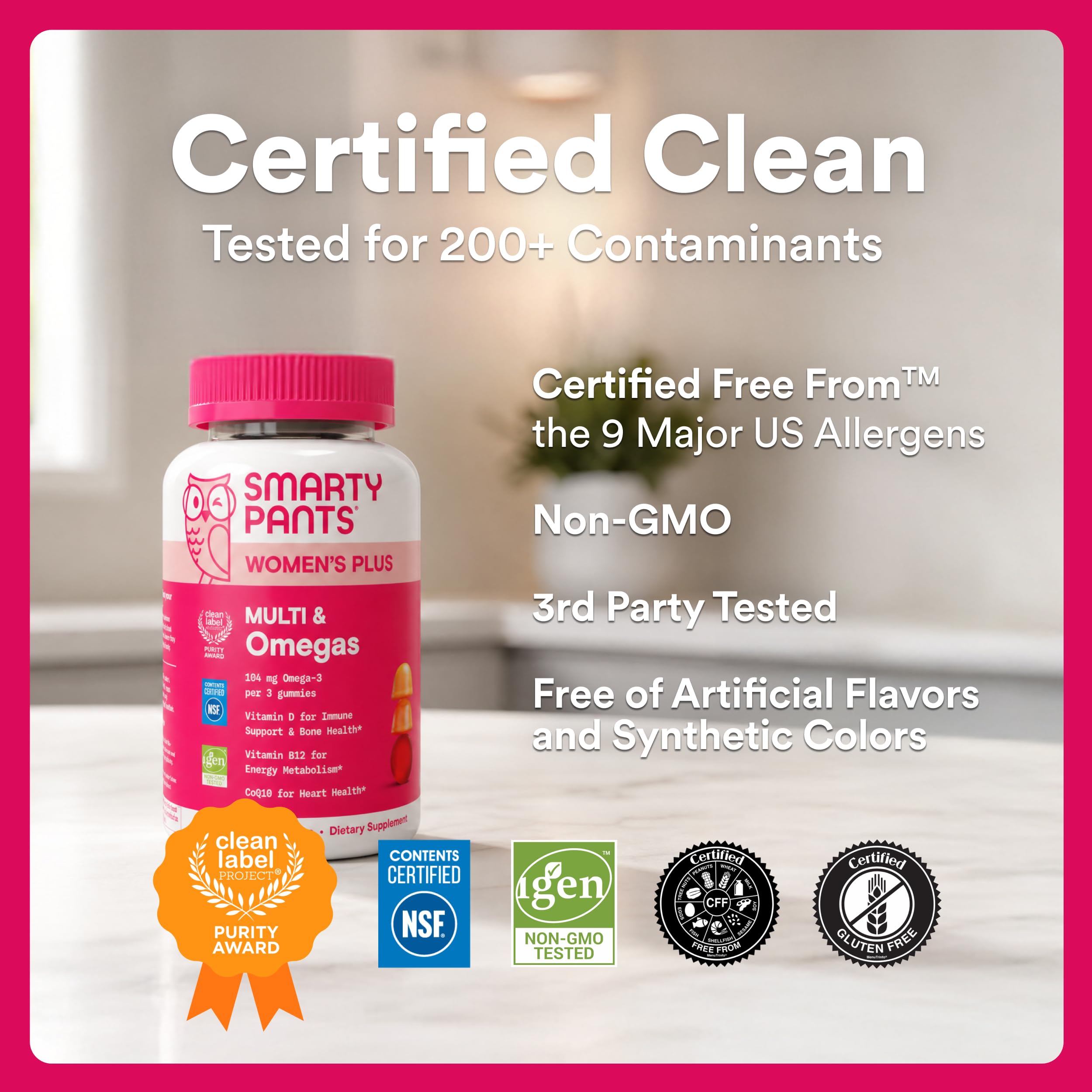 SmartyPants certificado Clean Label Project indicando pruebas de pureza