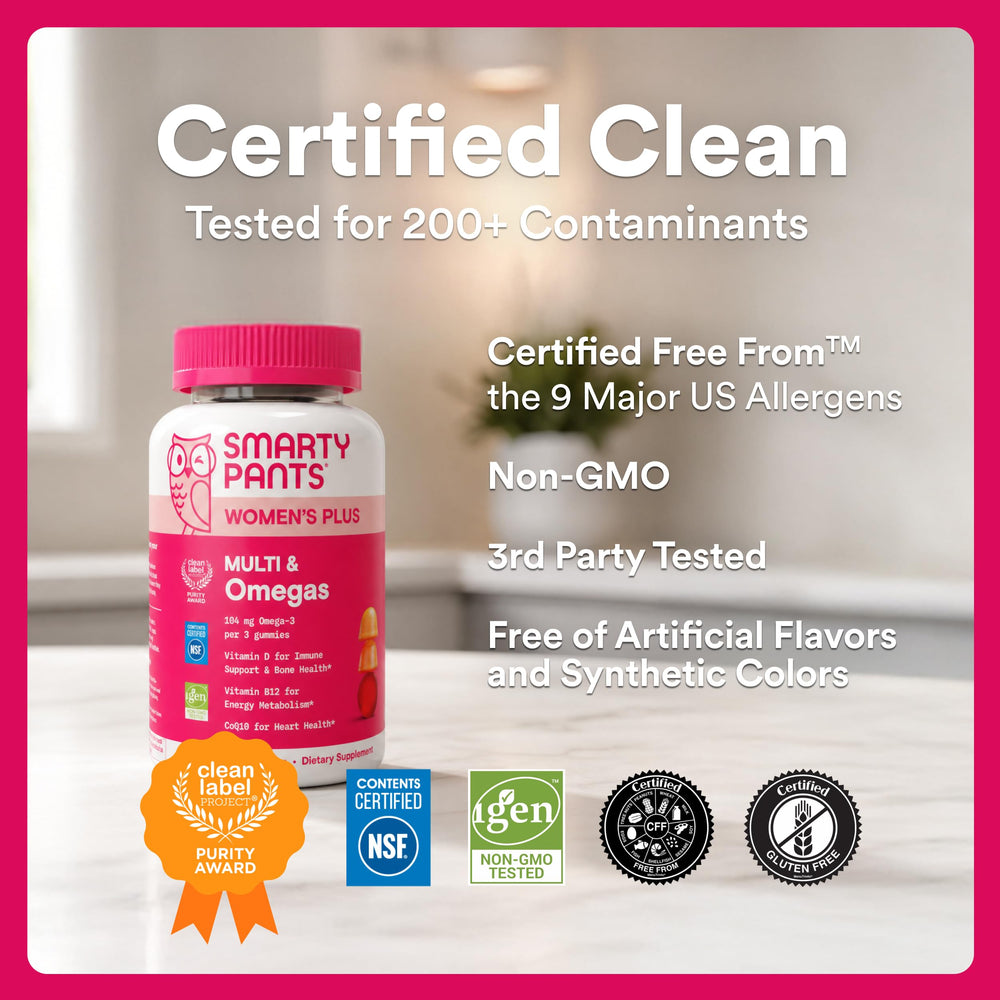 SmartyPants certificado Clean Label Project indicando pruebas de pureza