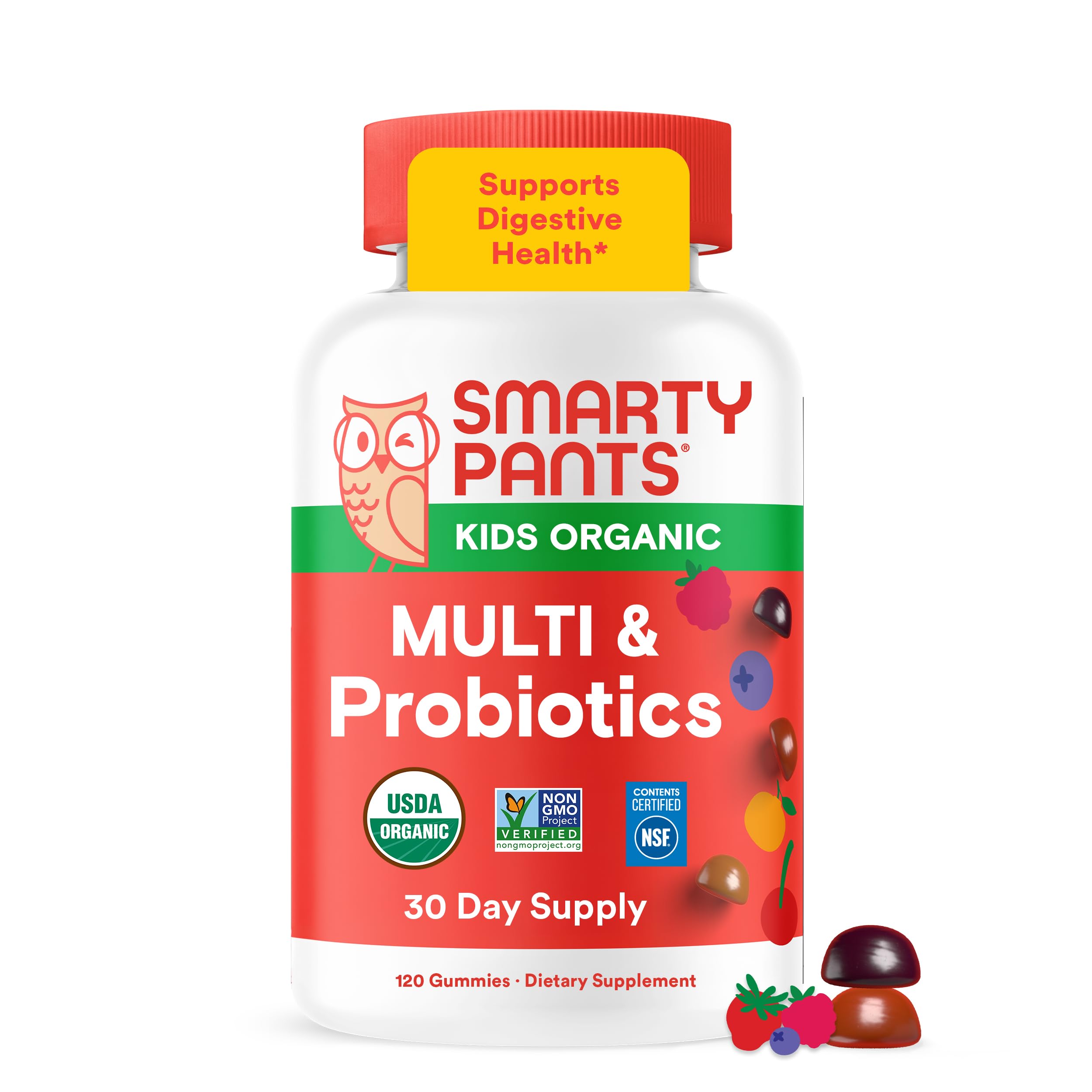 SmartyPants frente del empaque mostrando 120 gomitas y beneficios orgánicos