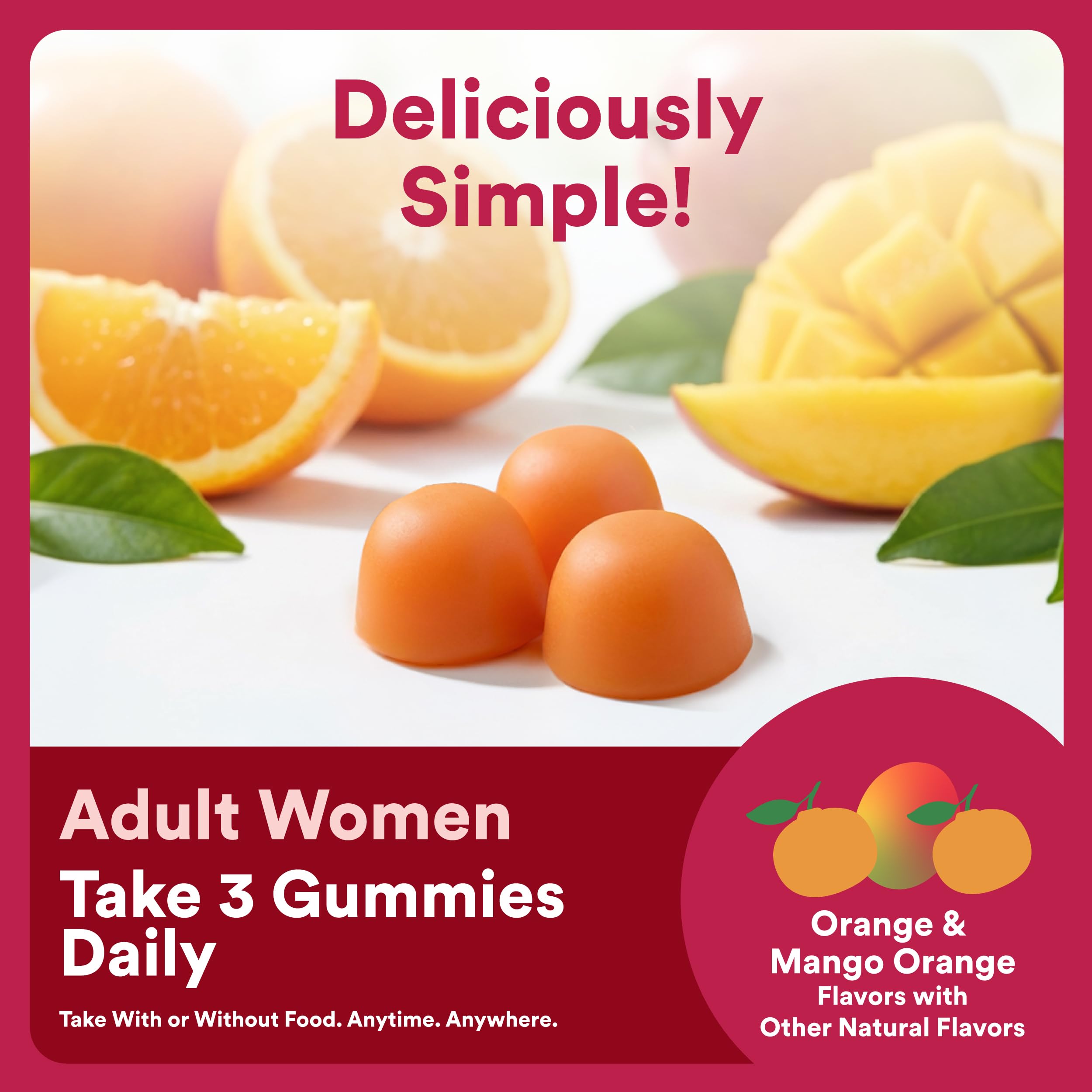 SmartyPants gomitas junto a naranja y mango resaltando sabores naturales