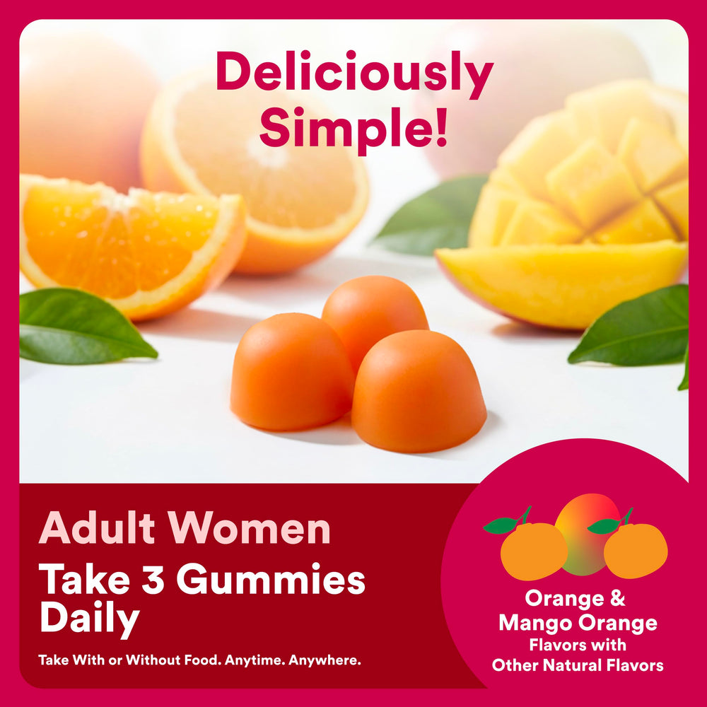 SmartyPants gomitas junto a naranja y mango resaltando sabores naturales