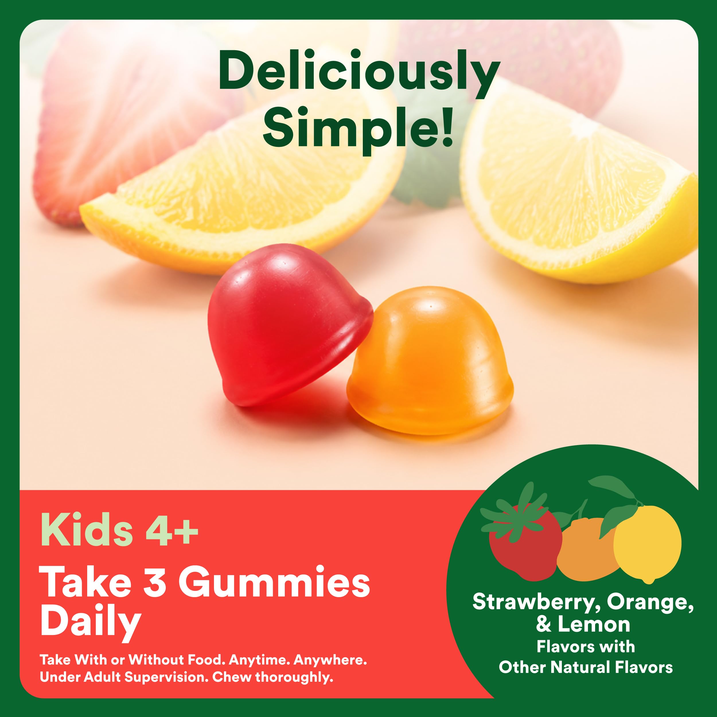 SmartyPants tres gomitas de fresa naranja limón resaltando sabores naturales