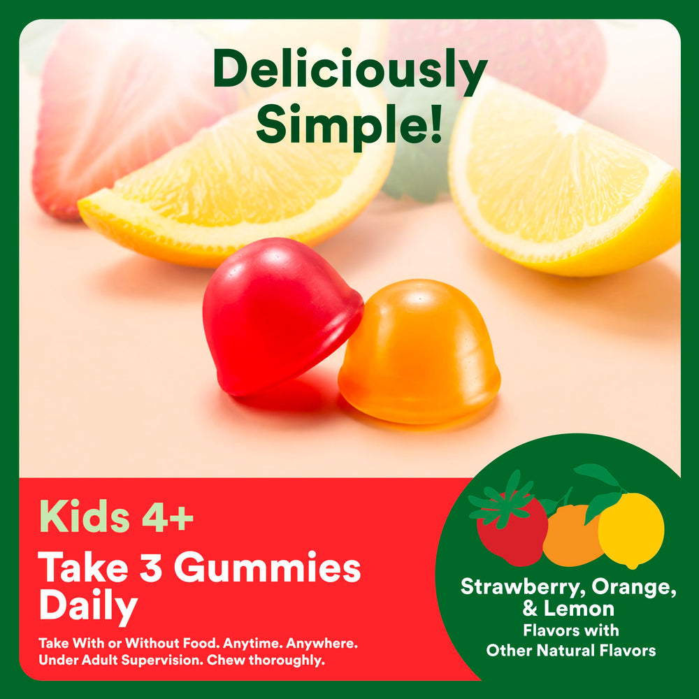 SmartyPants tres gomitas de fresa naranja limón resaltando sabores naturales