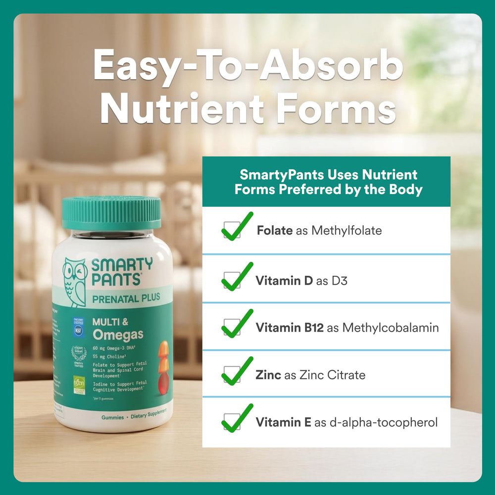 SmartyPants label closeup with nutrients listed, transparent ingredient sourcing benefit