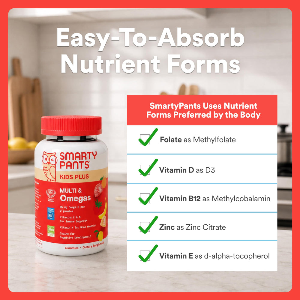 SmartyPants etiqueta nutricional destacando las 16 vitaminas y omegas