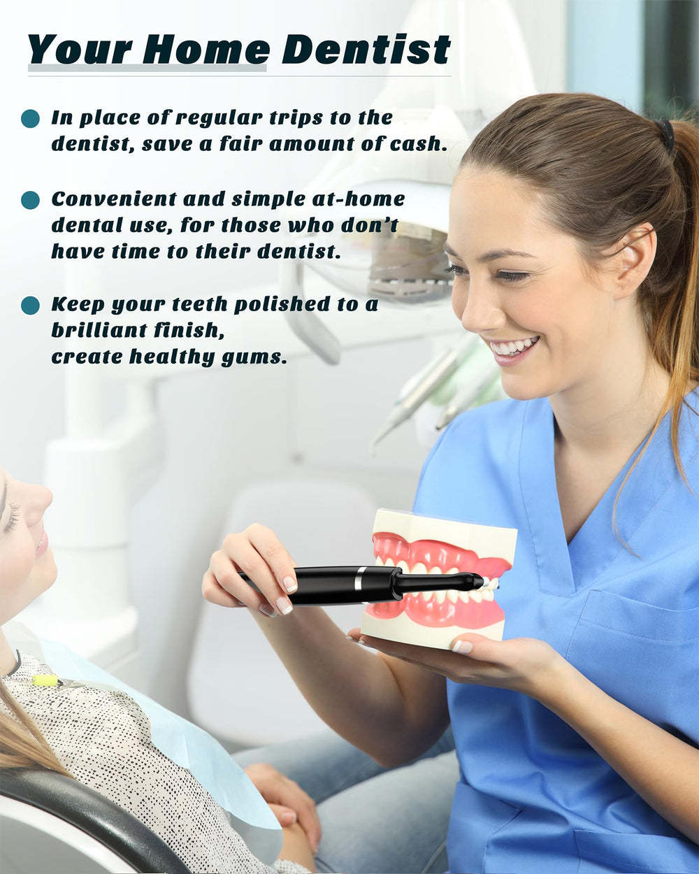 Smile-Aid polisher on bathroom counter in lifestyle scene suggesting easy daily use