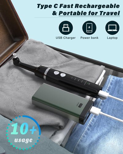 Smile-Aid polisher in hand for scale to show travel-ready compact size and portability