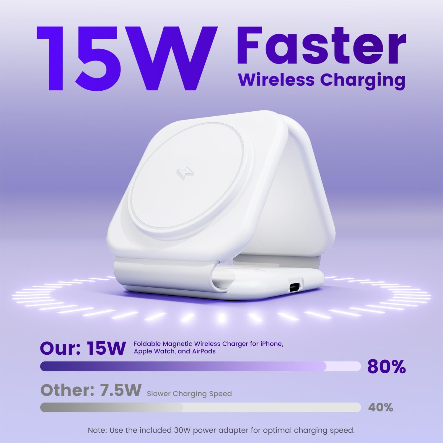 SMILE STATION primer plano de la superficie magnética que asegura el iPhone para carga estable
