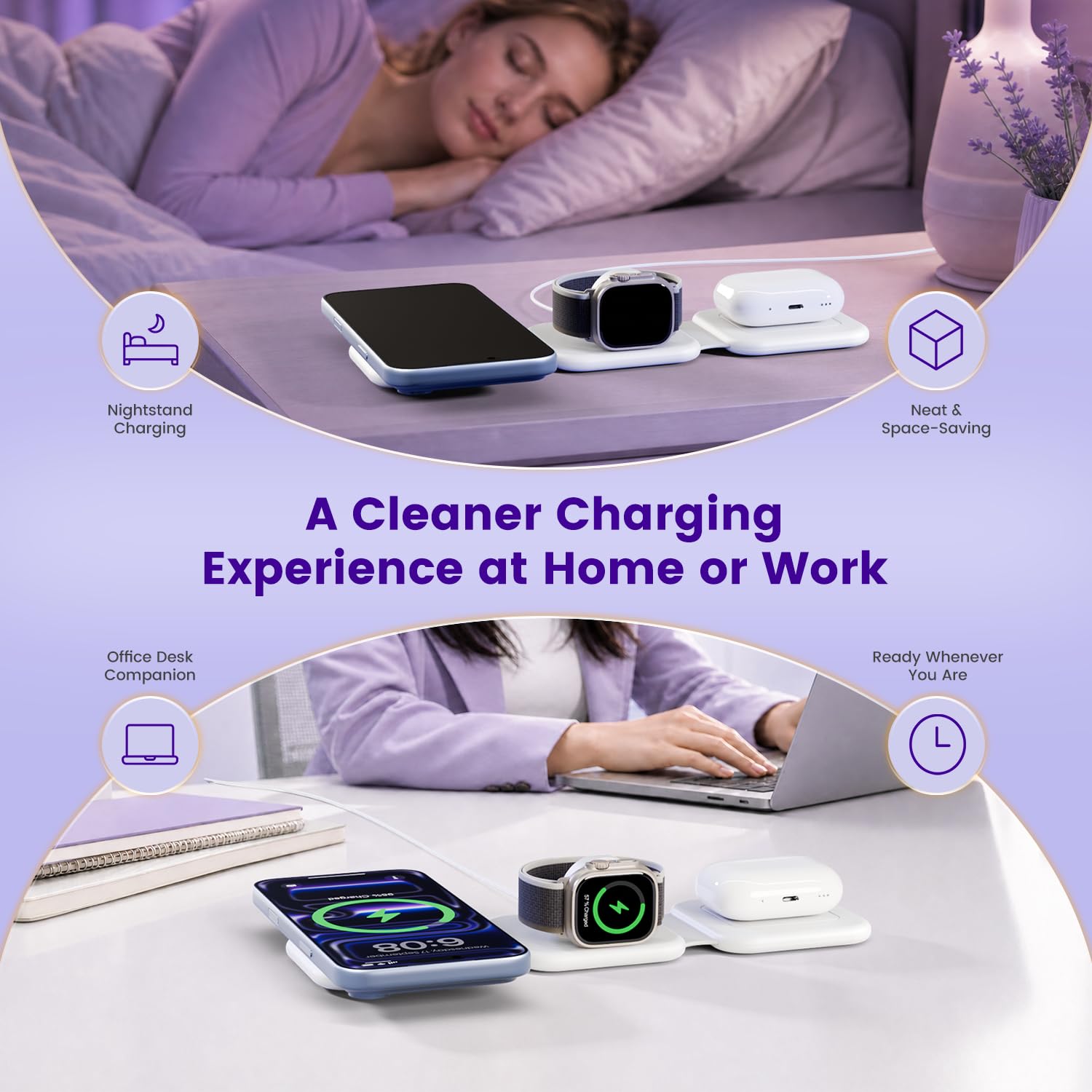 SMILE STATION en mesa de noche con luz tenue, mantiene orden y no molesta al dormir