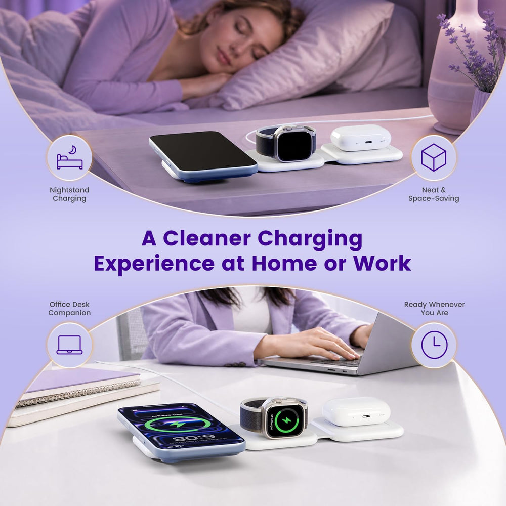 SMILE STATION en mesa de noche con luz tenue, mantiene orden y no molesta al dormir