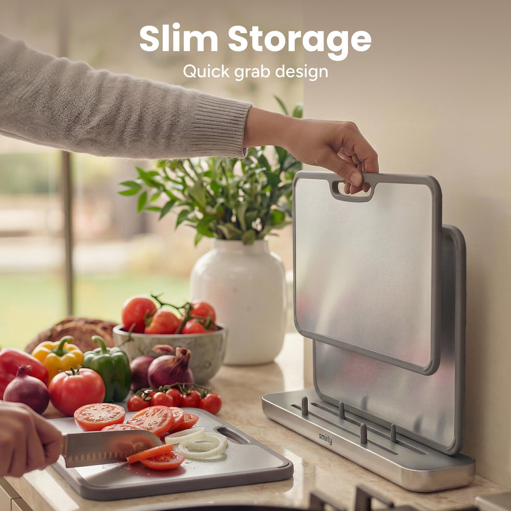 SMIRLY board in use chopping vegetables on PP side, reduces cross-contact