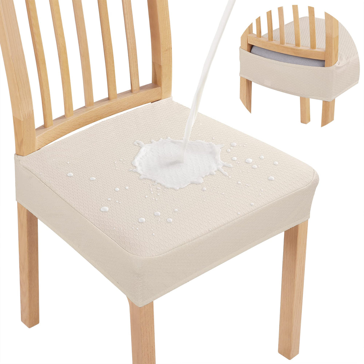 Smiry front view of seat cover showing neat fit and decorative finish, protects chairs