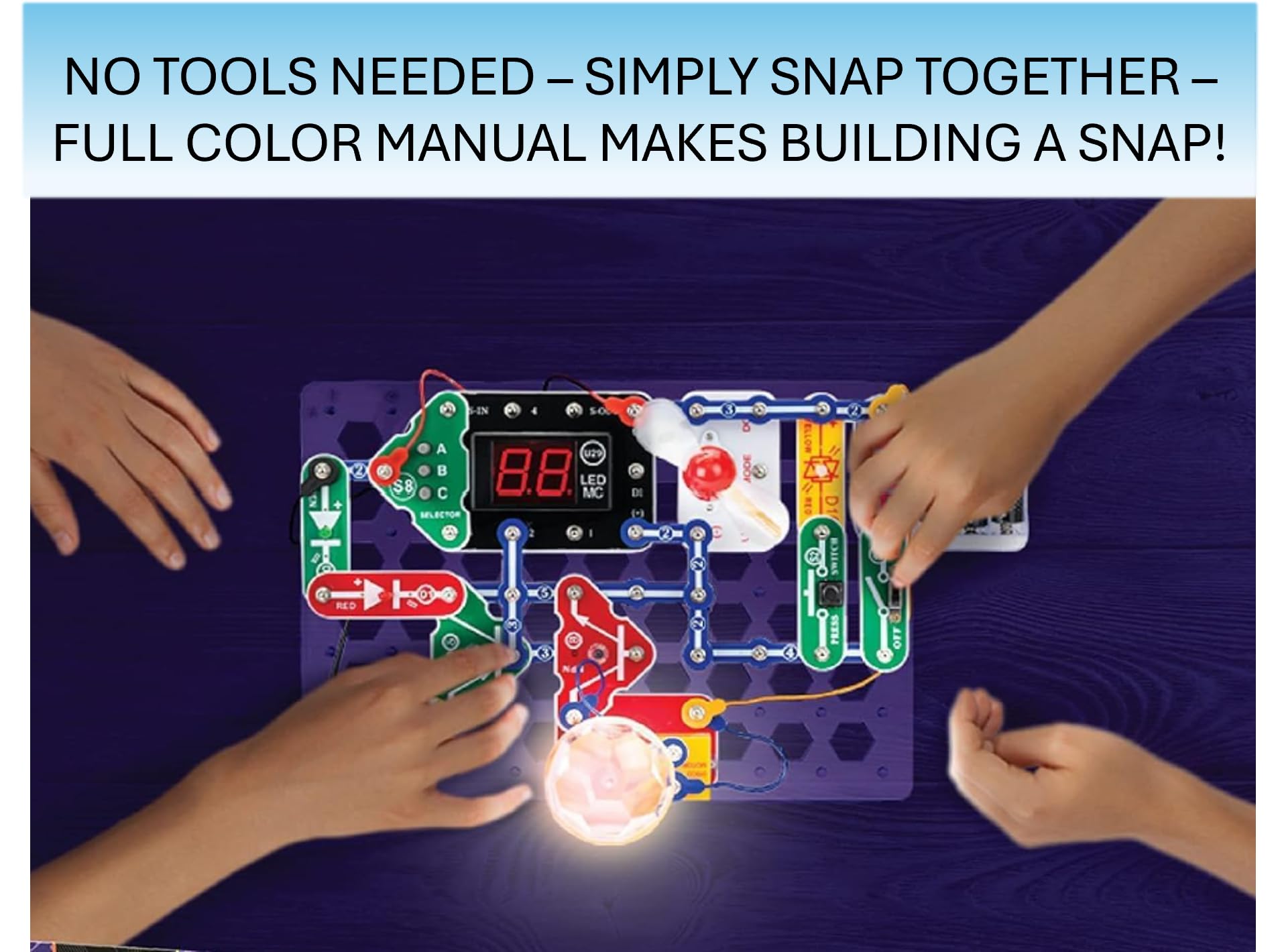 Snap Circuits pantalla LED dual mostrando texto y números, indicadores claros