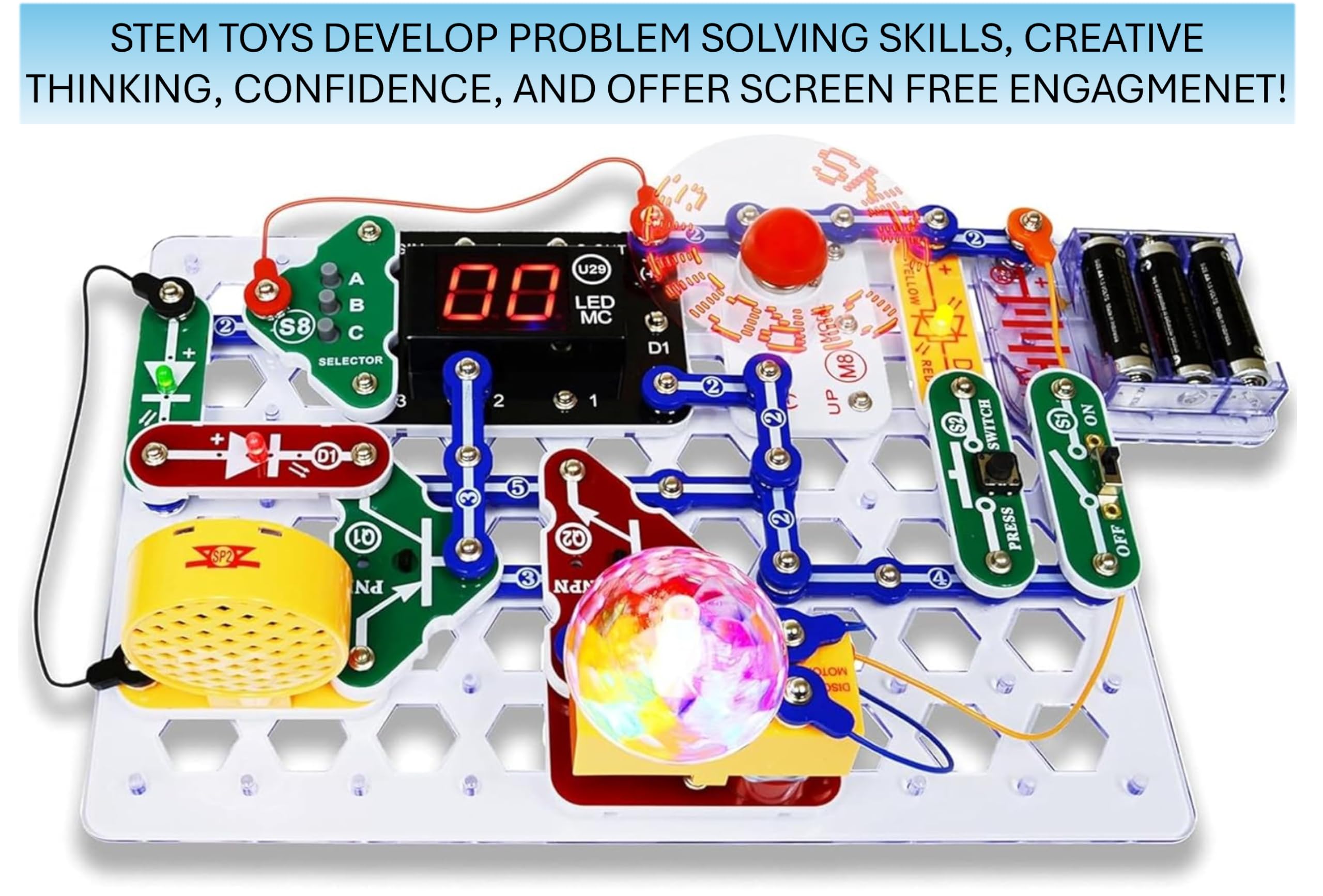 Snap Circuits ventilador programable mostrando texto, creatividad programable