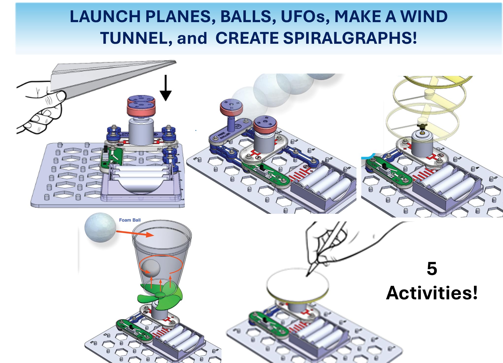 Snap Circuits flight deck comparación tamaño con mano, muestra escala real