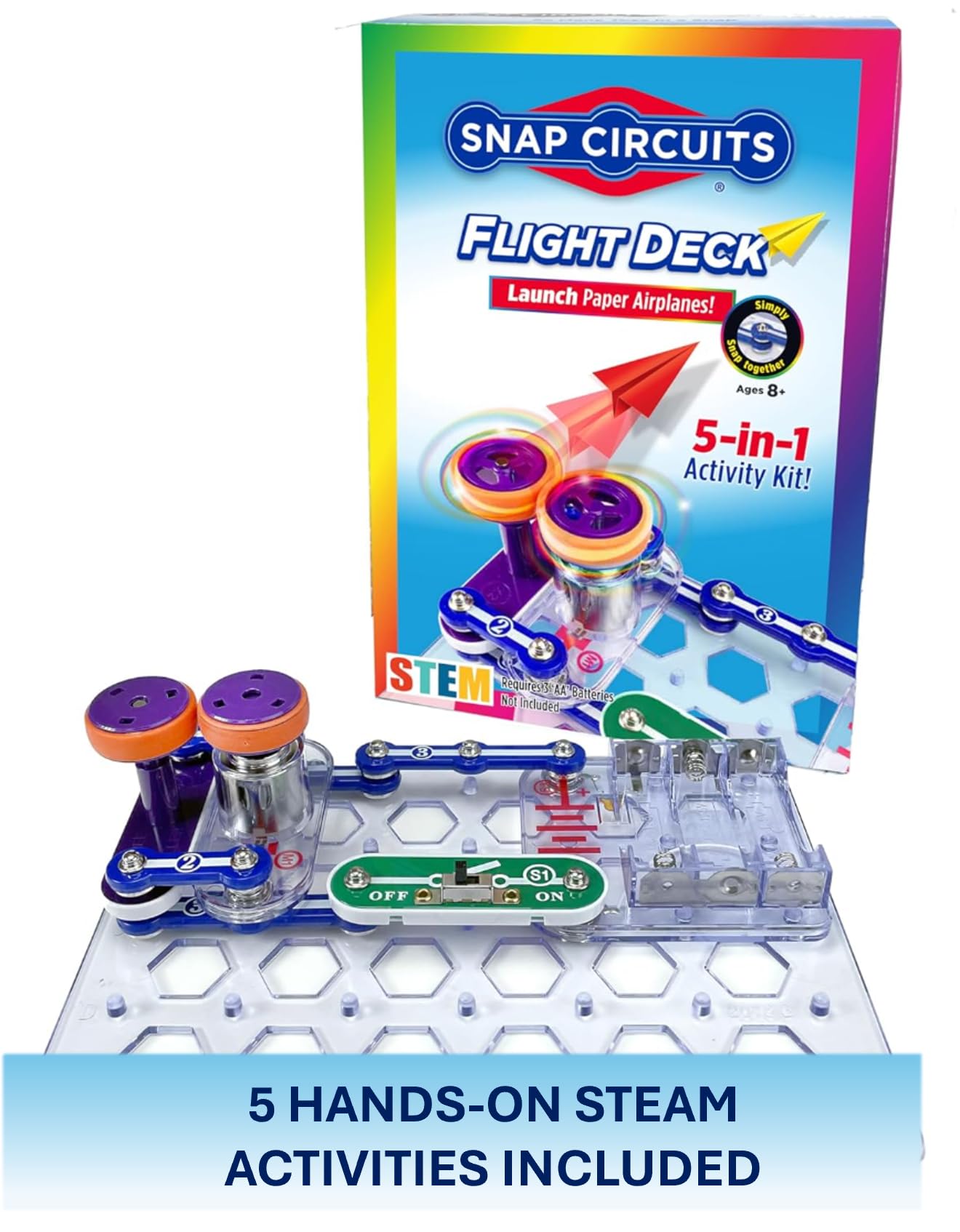 Snap Circuits flight deck componentes detalle con conexiones visibles, facilita aprendizaje