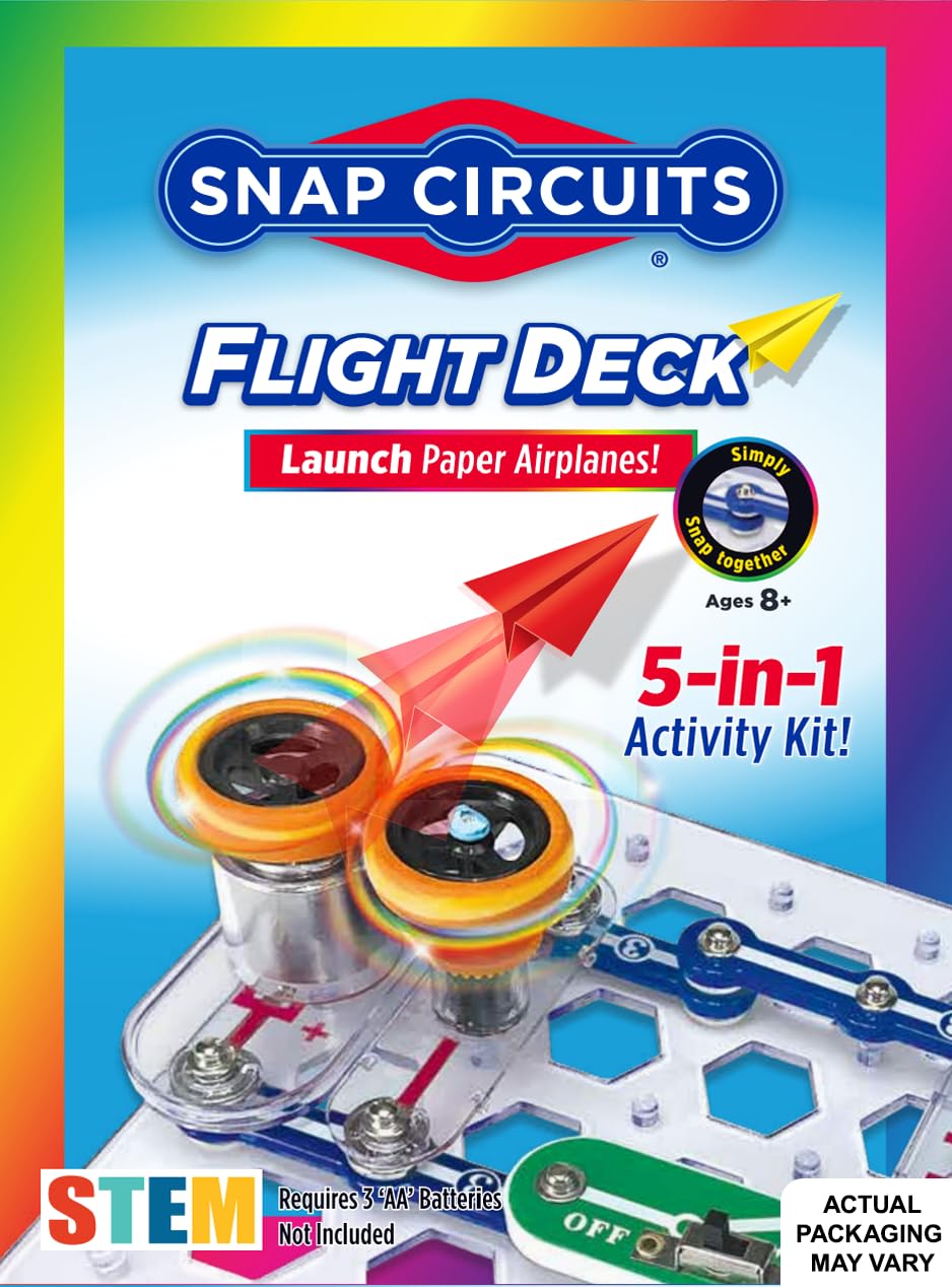 Snap Circuits flight deck frontal del kit mostrando piezas y caja, inspira exploración