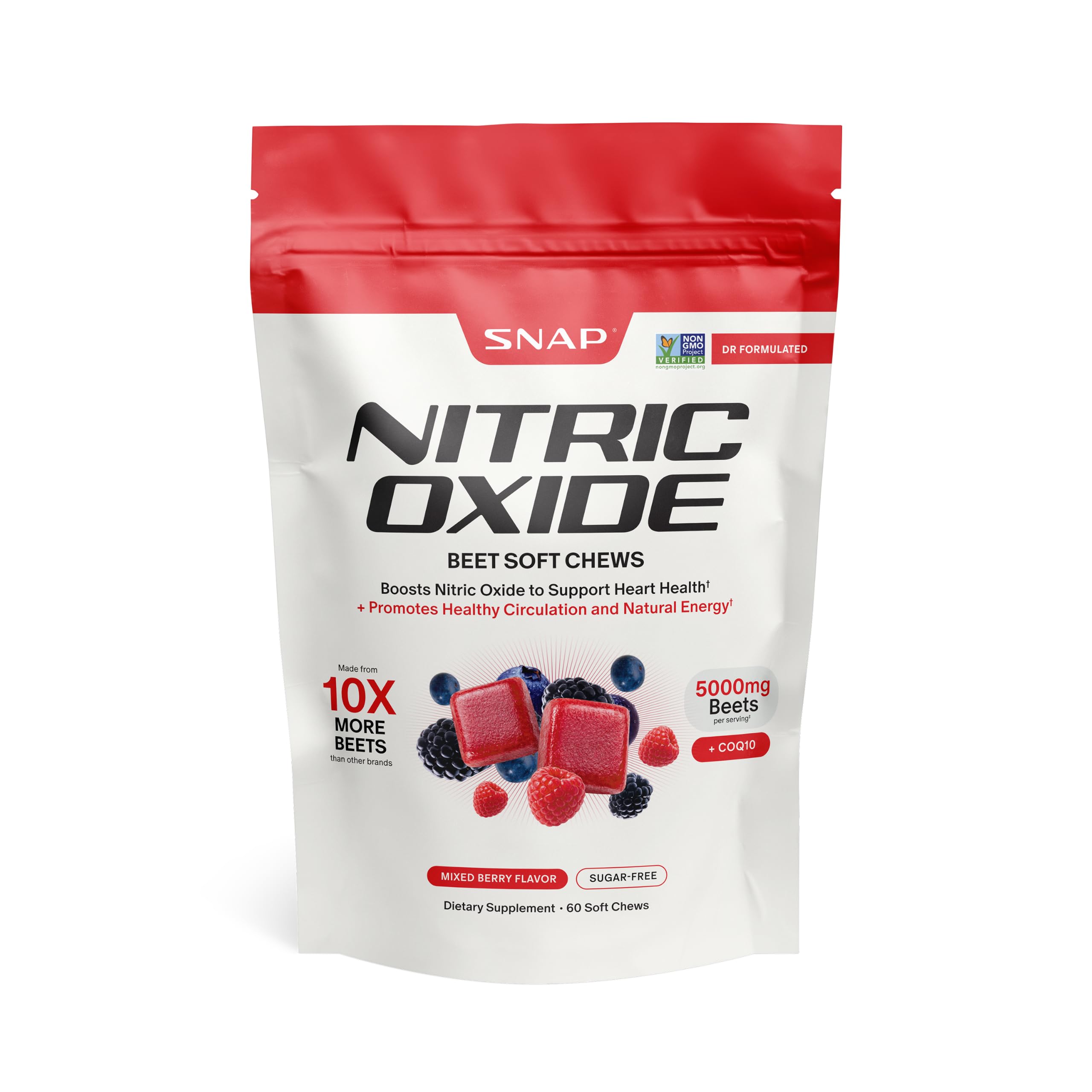 Snap Supplements front packaging showing mixed berry beet chews and benefits
