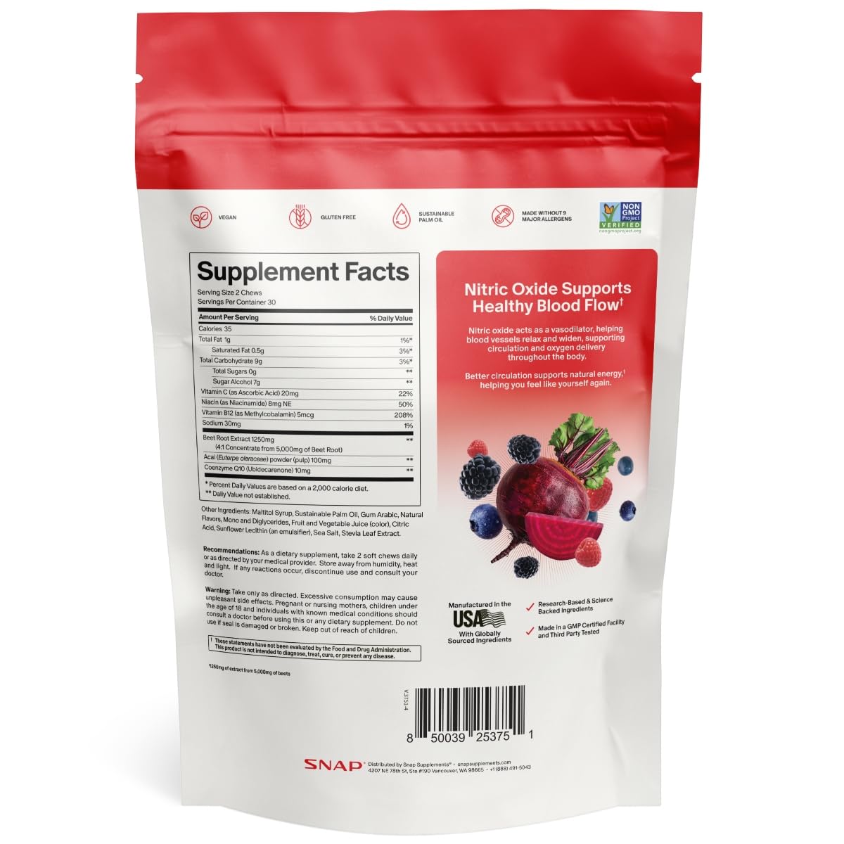 Snap Supplements raw ingredient display with beet root and acai sources