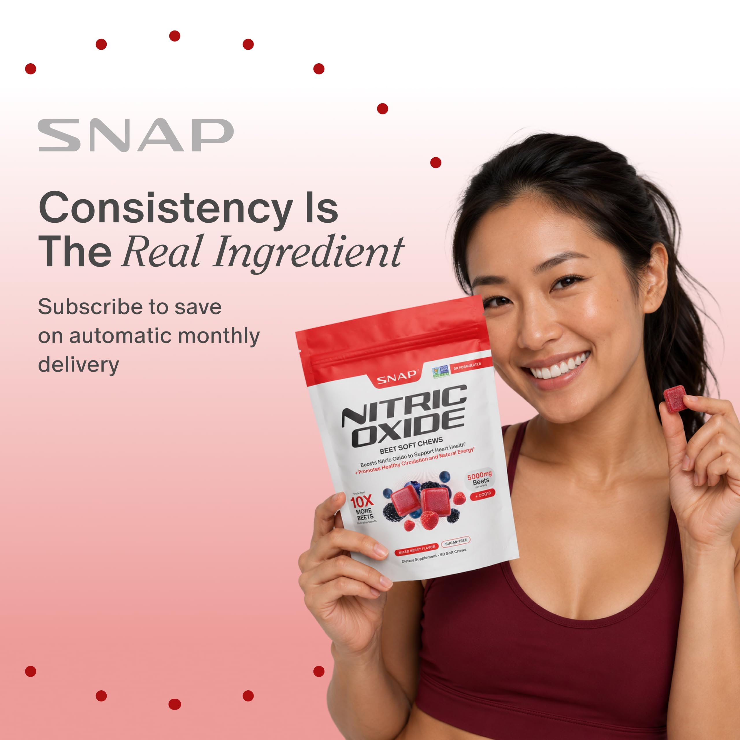 Snap Supplements chews beside running shoes illustrating pre-activity use